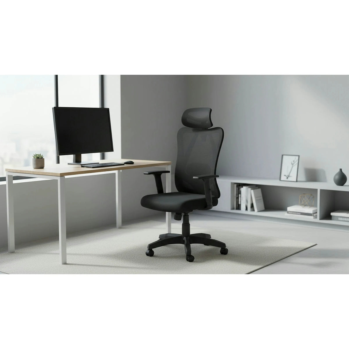 Scaun birou RAMOS, negru, panza/plasa, 65x60x121/129 cm