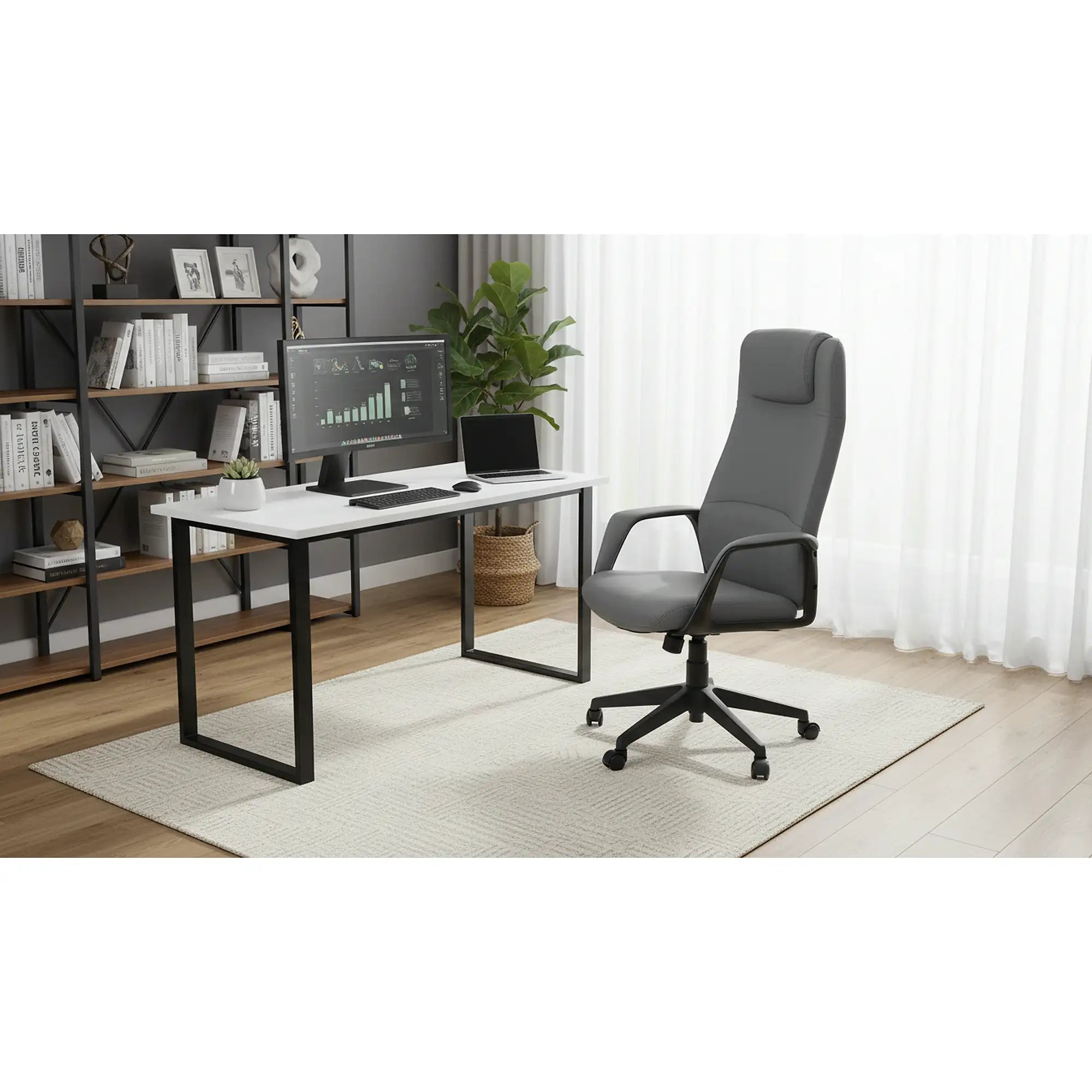 Scaun birou RAZOR, gri/negru, piele ecologica, 66x73x116-124 cm
