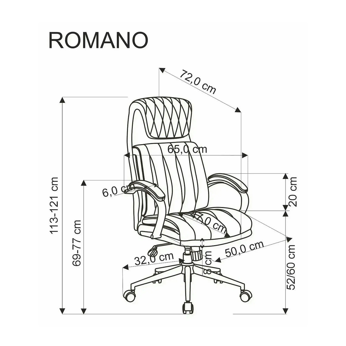 Scaun birou ROMANO, negru, piele ecologica/metal, 65x72x113/121 cm