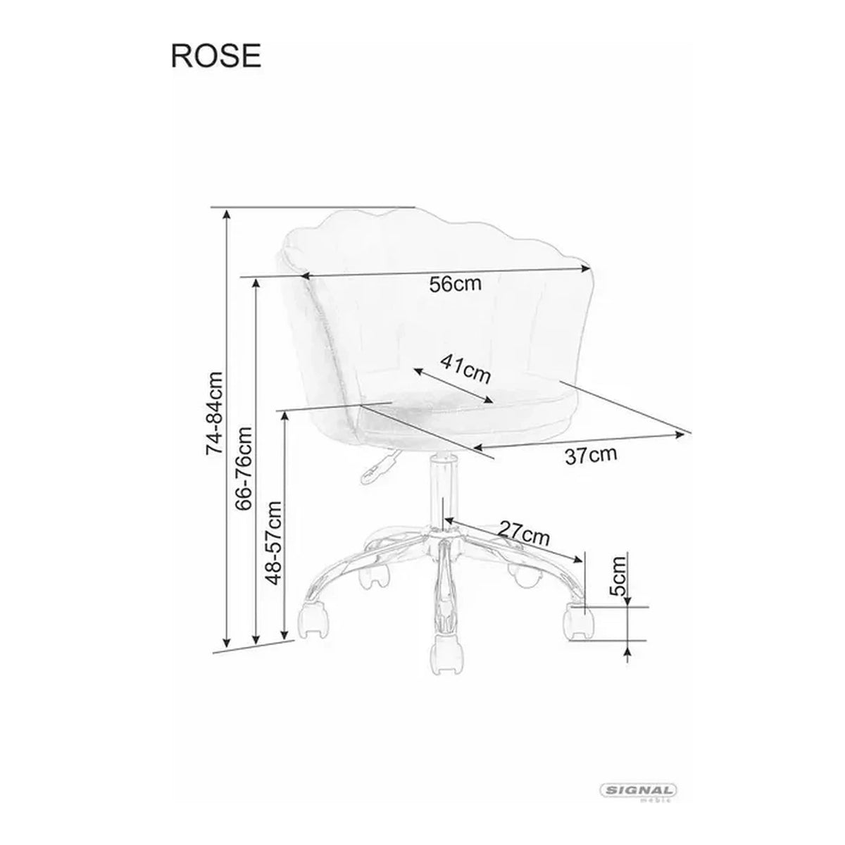 Scaun birou ROSE, roz/crom, stofa catifelata/metal, 56x41x74/83 cm