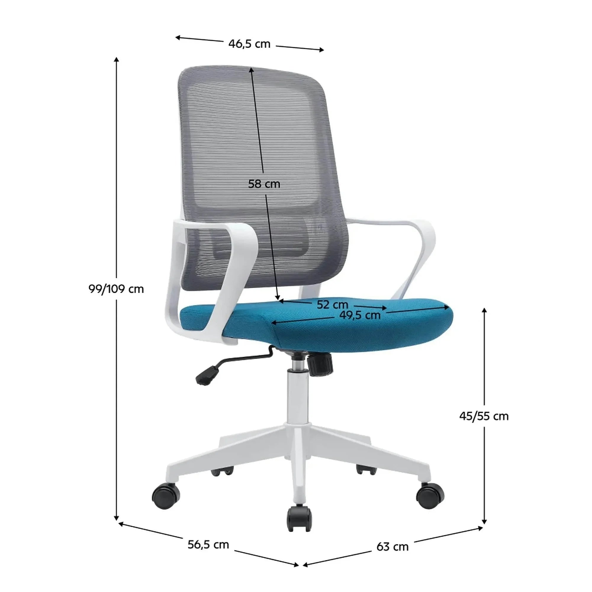 Scaun birou SALOMO TIP 1, gri/turcoaz/alb, plasa/stofa clasica/plastic, 63x57x99/109 cm