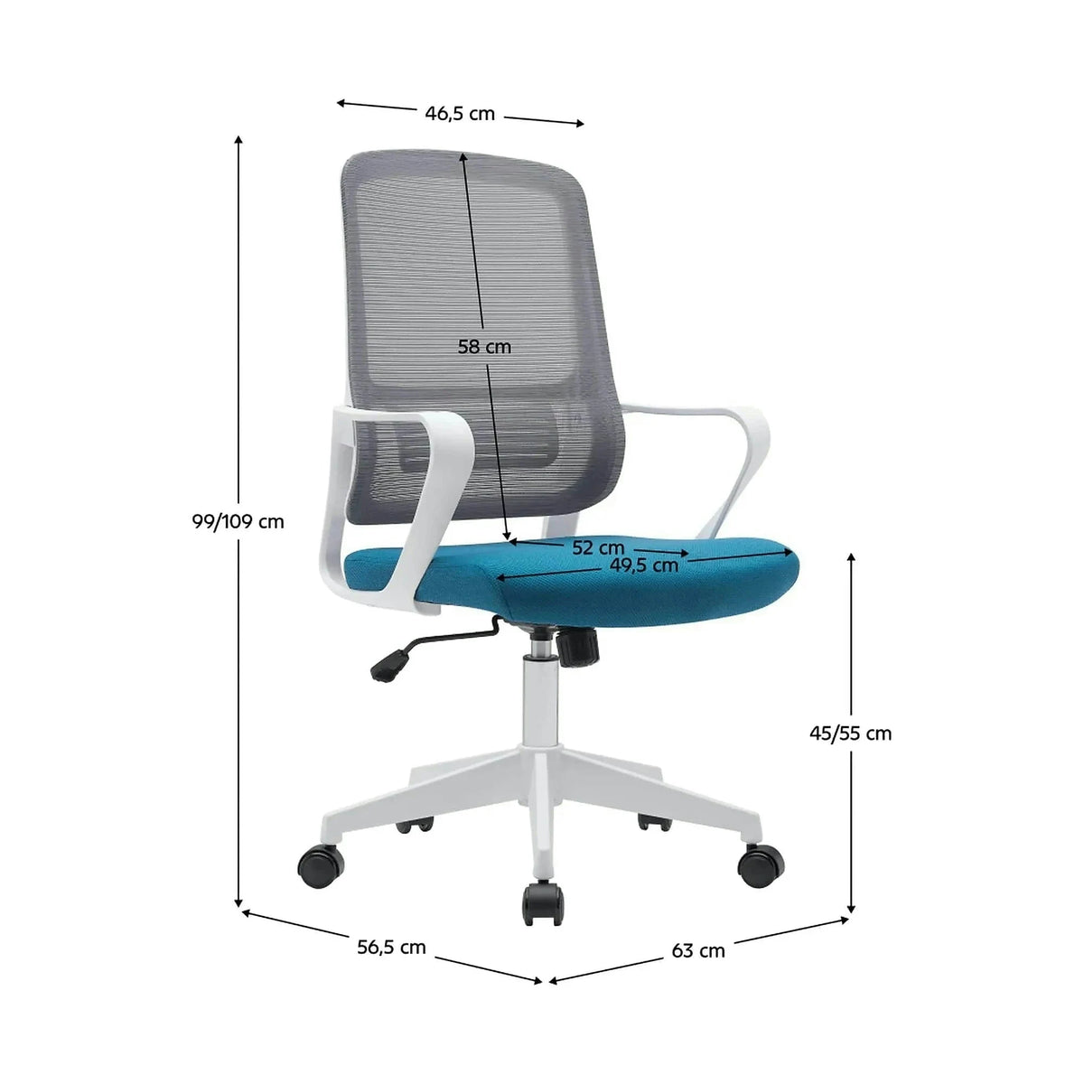 Scaun birou SALOMO TIP 1, gri/turcoaz/alb, plasa/stofa clasica/plastic, 63x57x99/109 cm
