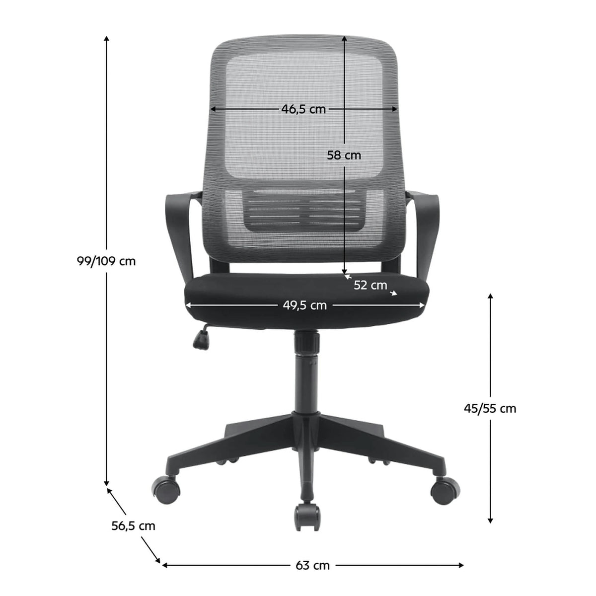 Scaun birou SALOMO TIP 3, gri/negru, plasa/stofa clasica/plastic, 63x57x99/109 cm