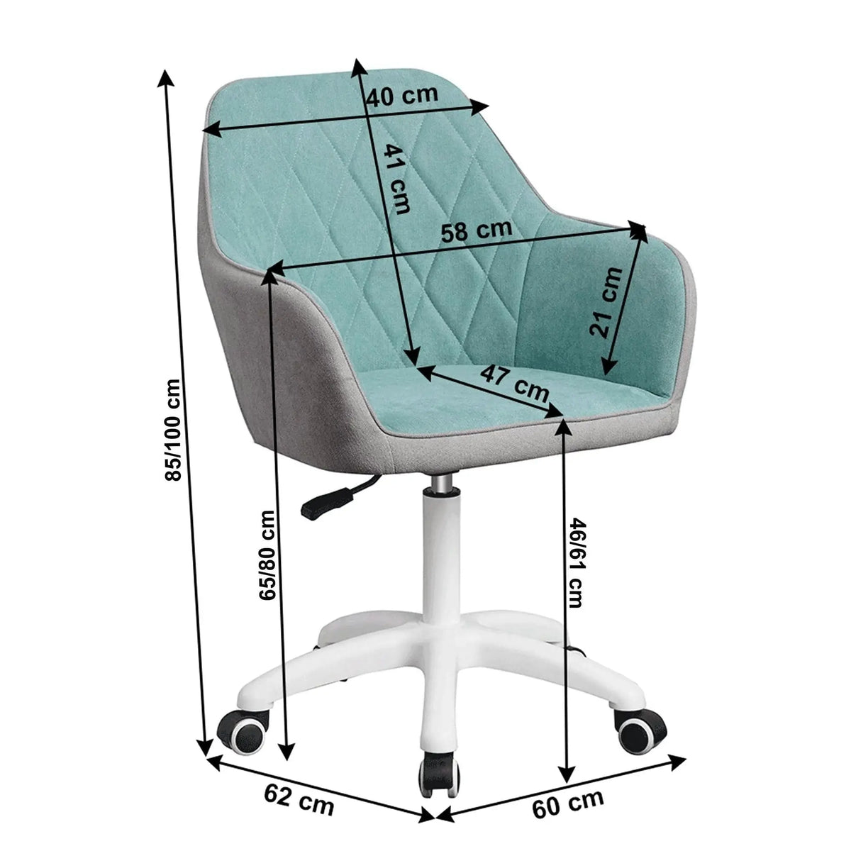 Scaun birou SANTY, verde menta/gri, metal/stofa, 60x62x85/100 cm