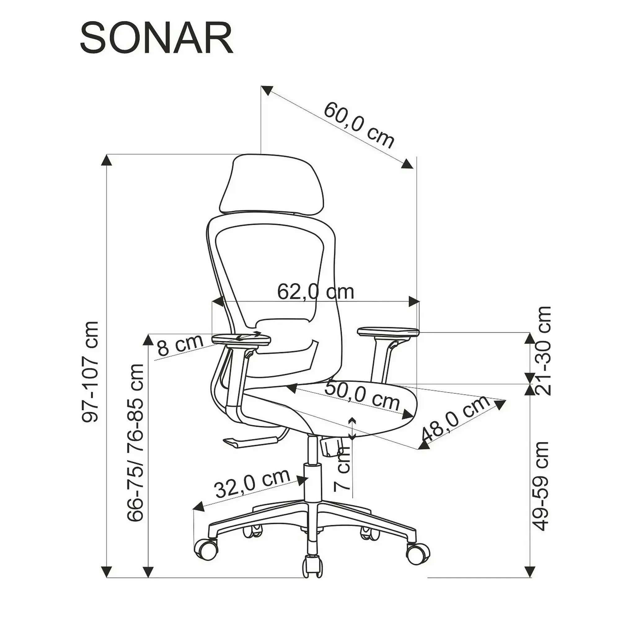 Scaun birou SONAR, negru, panza/plasa, 65x65x118/128 cm