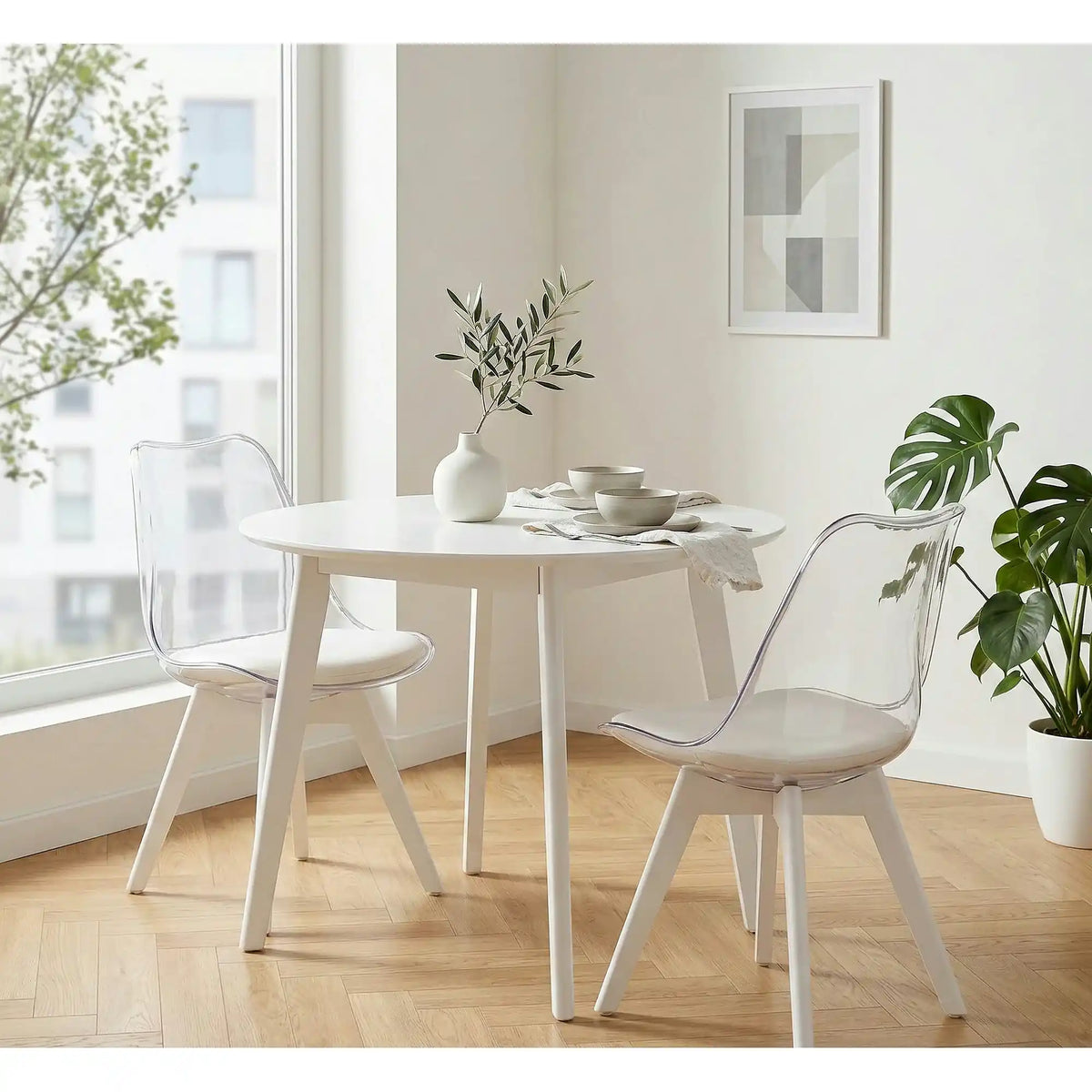 Scaun bucatarie K245, alb/transparent, piele ecologica/policarbonat, 48X58X83 CM