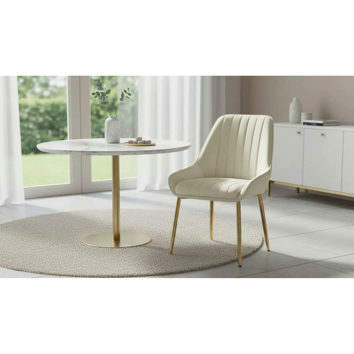 Scaun catifea dining PERLIA, bej/auriu, stofa catifelata/metal, 56x62x89 cm