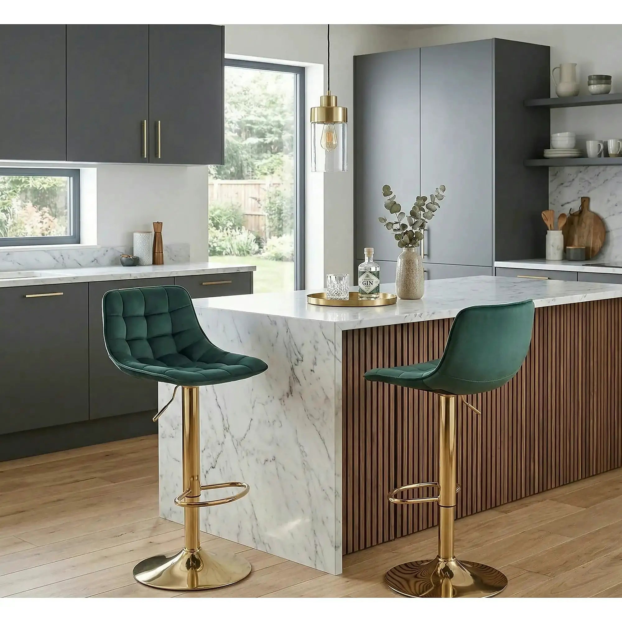 Scaun de bar auriu/verde H120, stofa catifelata/otel, 43x44x84/106 cm