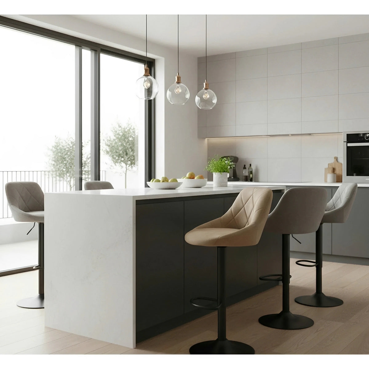 Scaun de bar rotativ H101, bej/negru, stofa catifelata/metal, 47x45x84/106 cm