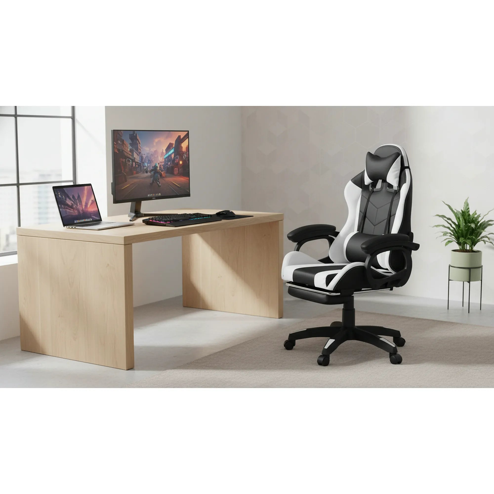 Scaun de birou JOVELA, negru/alb, piele ecologica, 65x65x114/124 cm