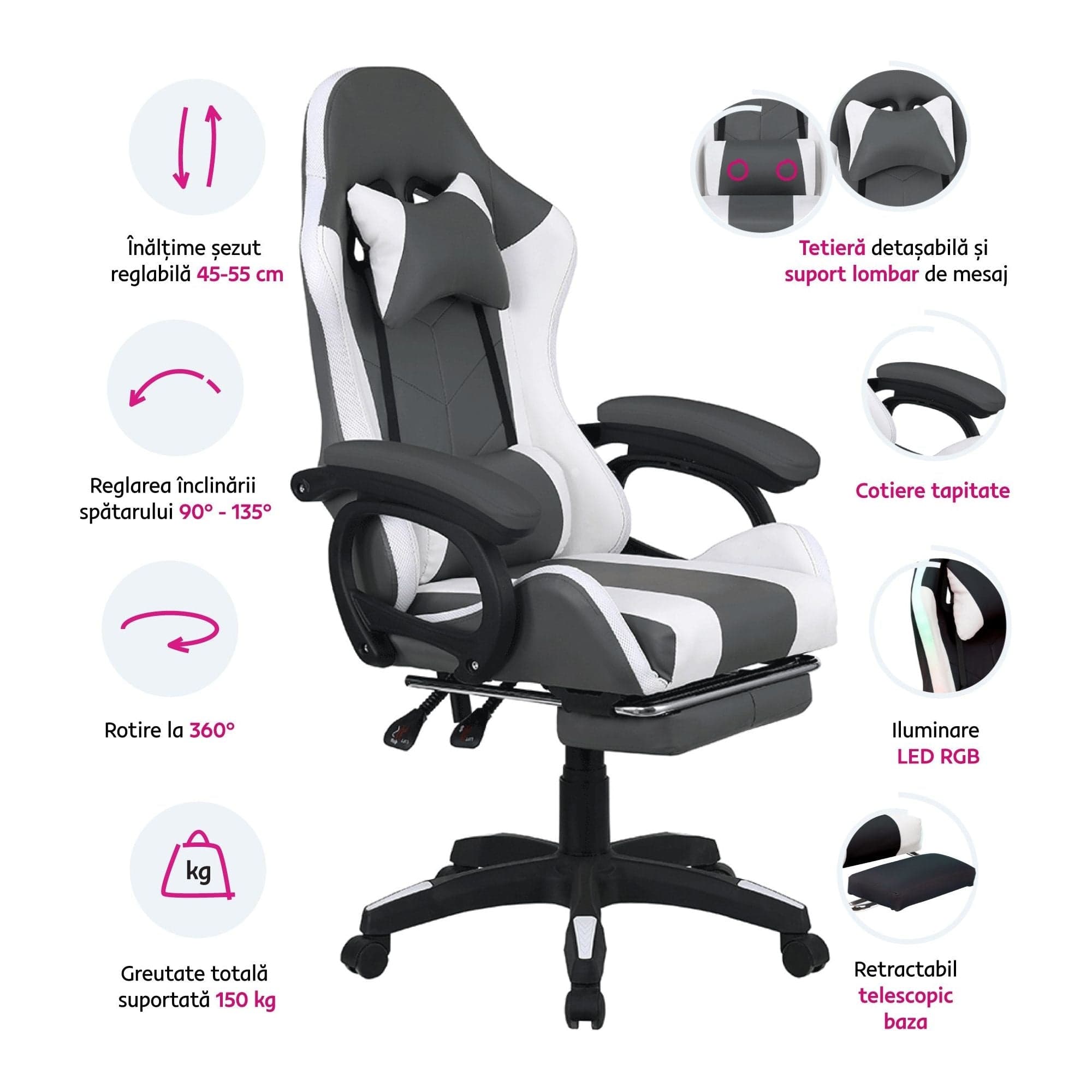 Scaun de birou JOVELA, negru/alb, piele ecologica, 65x65x114/124 cm