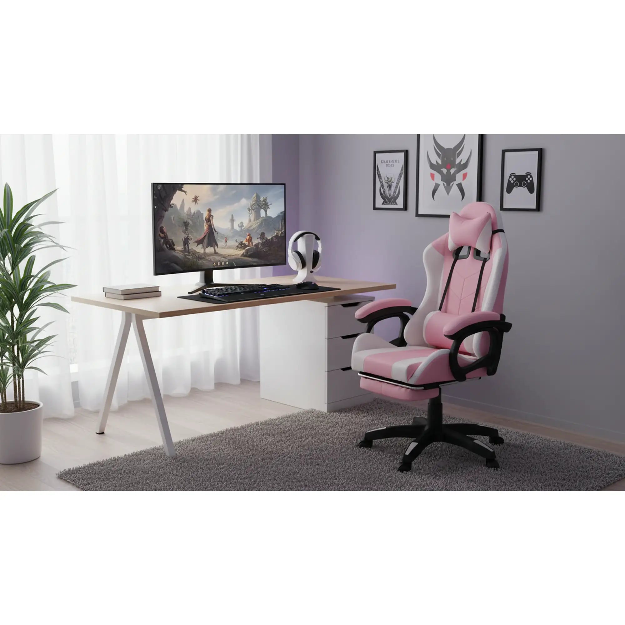 Scaun de birou JOVELA, roz/alb, piele ecologica, 65x65x114/124 cm
