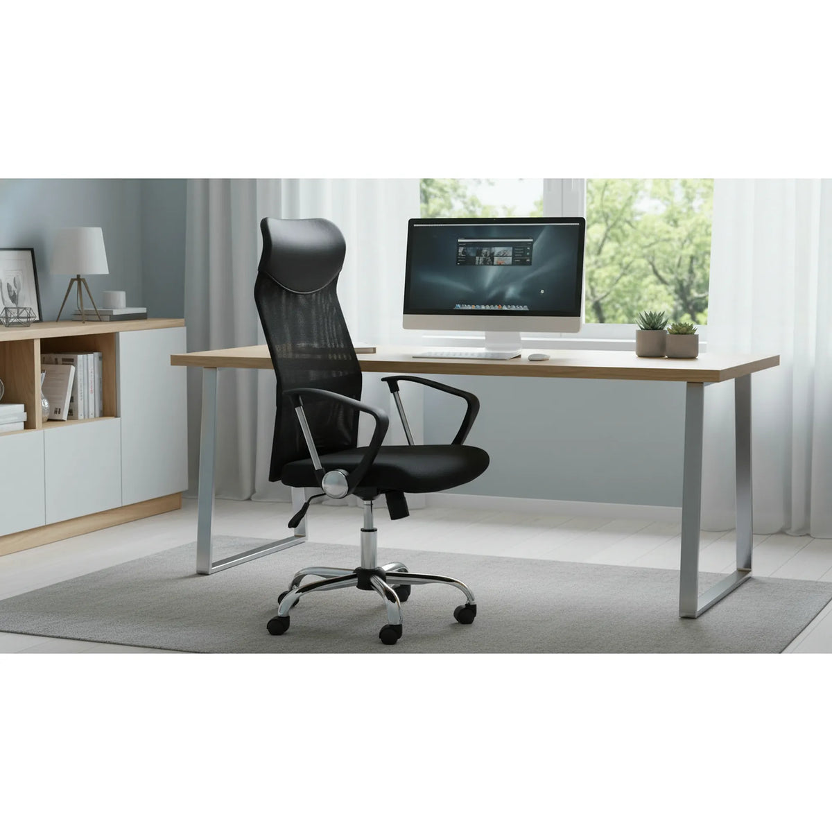 Scaun de birou Q-025, negru, stofa/plasa/metal, 62x50x107/116 cm