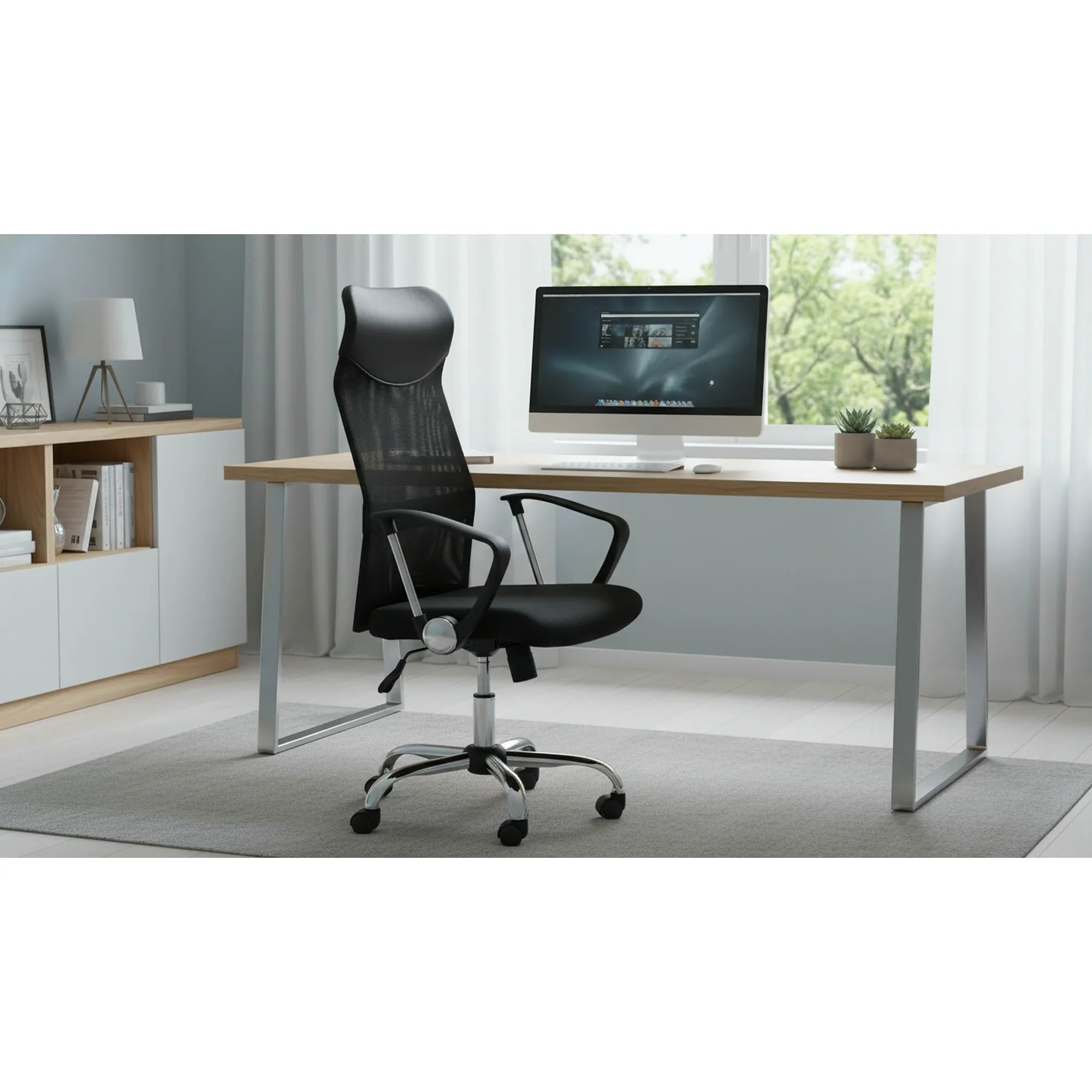 Scaun de birou Q-025, negru, stofa/plasa/metal, 62x50x107/116 cm
