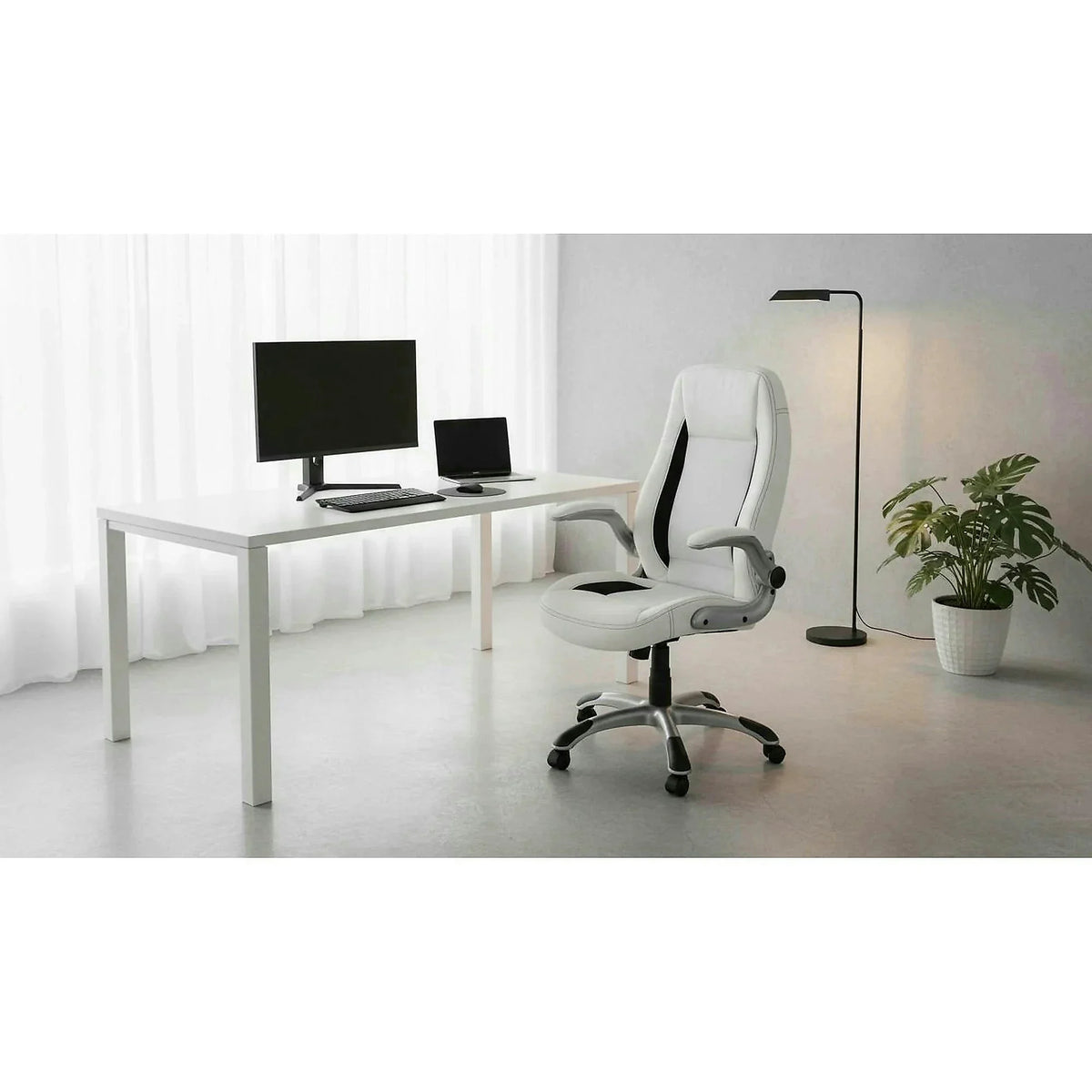 Scaun de birou SATURN, alb, piele ecologica perforata, 67x65x112/120 cm