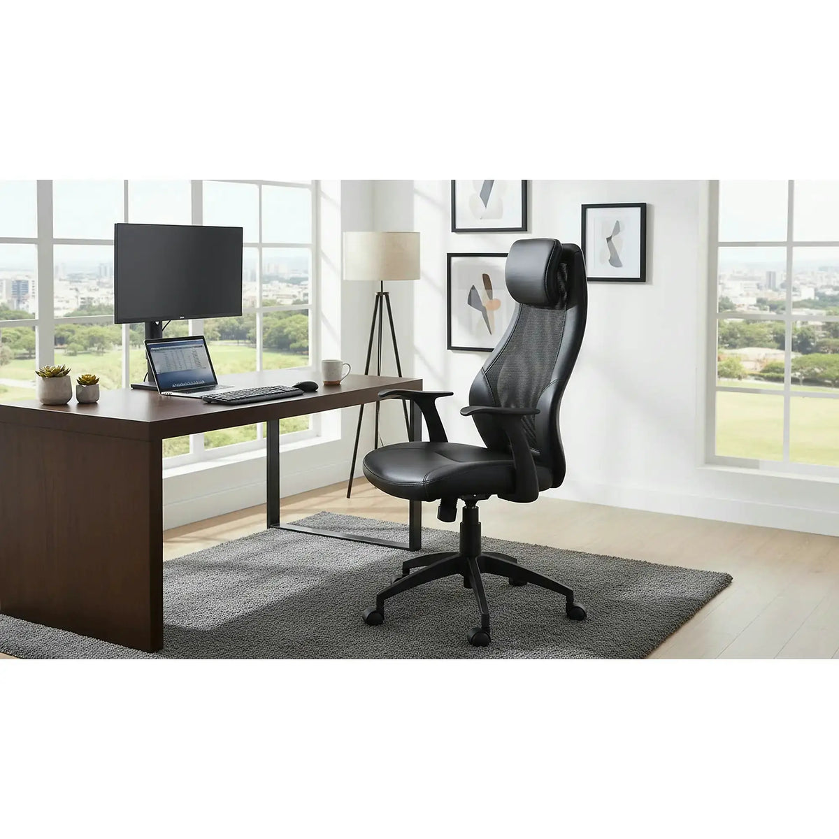 Scaun de birou TORINO, negru, piele ecologica/plasa, 64x63x114/124 cm