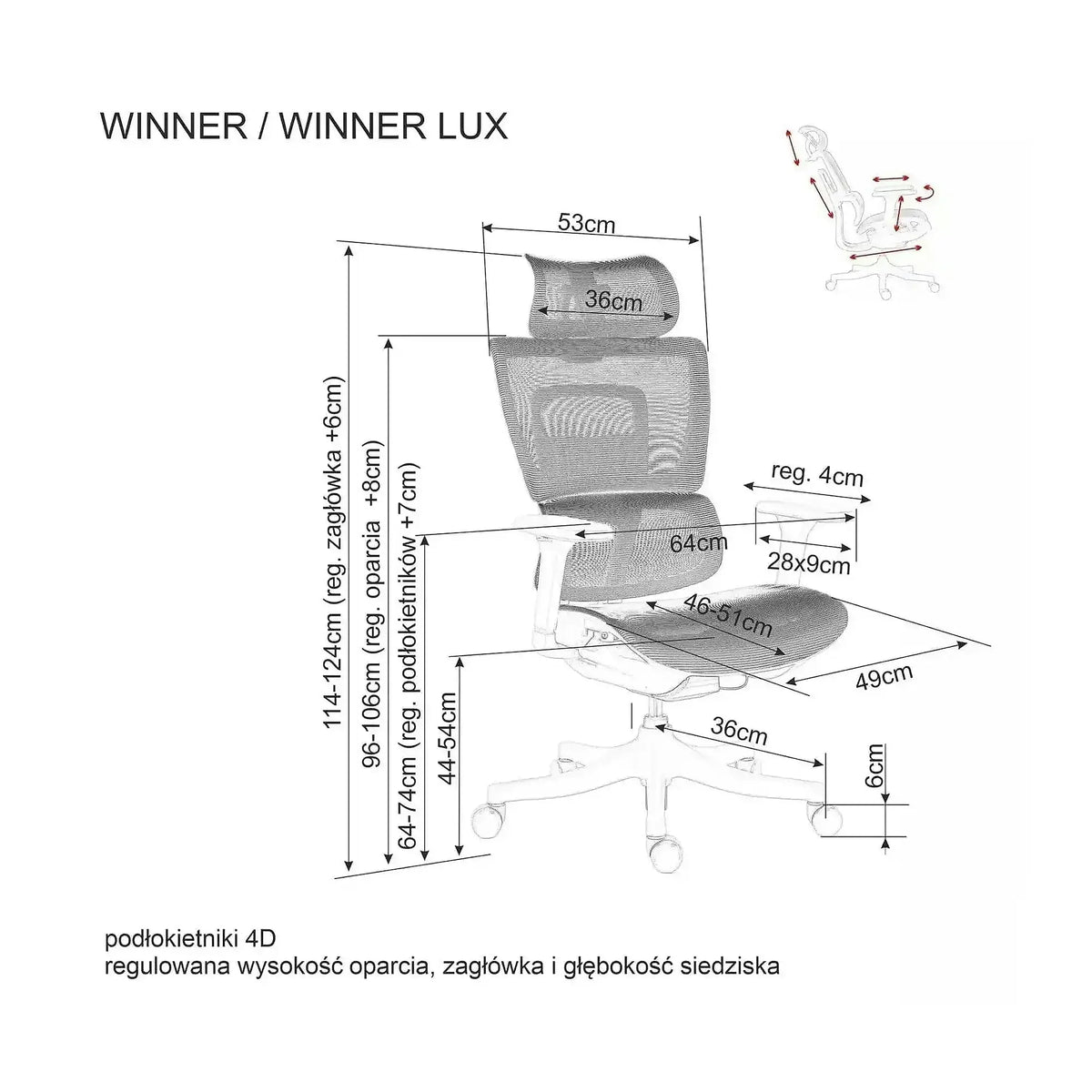 Scaun de birou WINNER LUX, negru/crom, plasa/metal, 64x51x114 cm