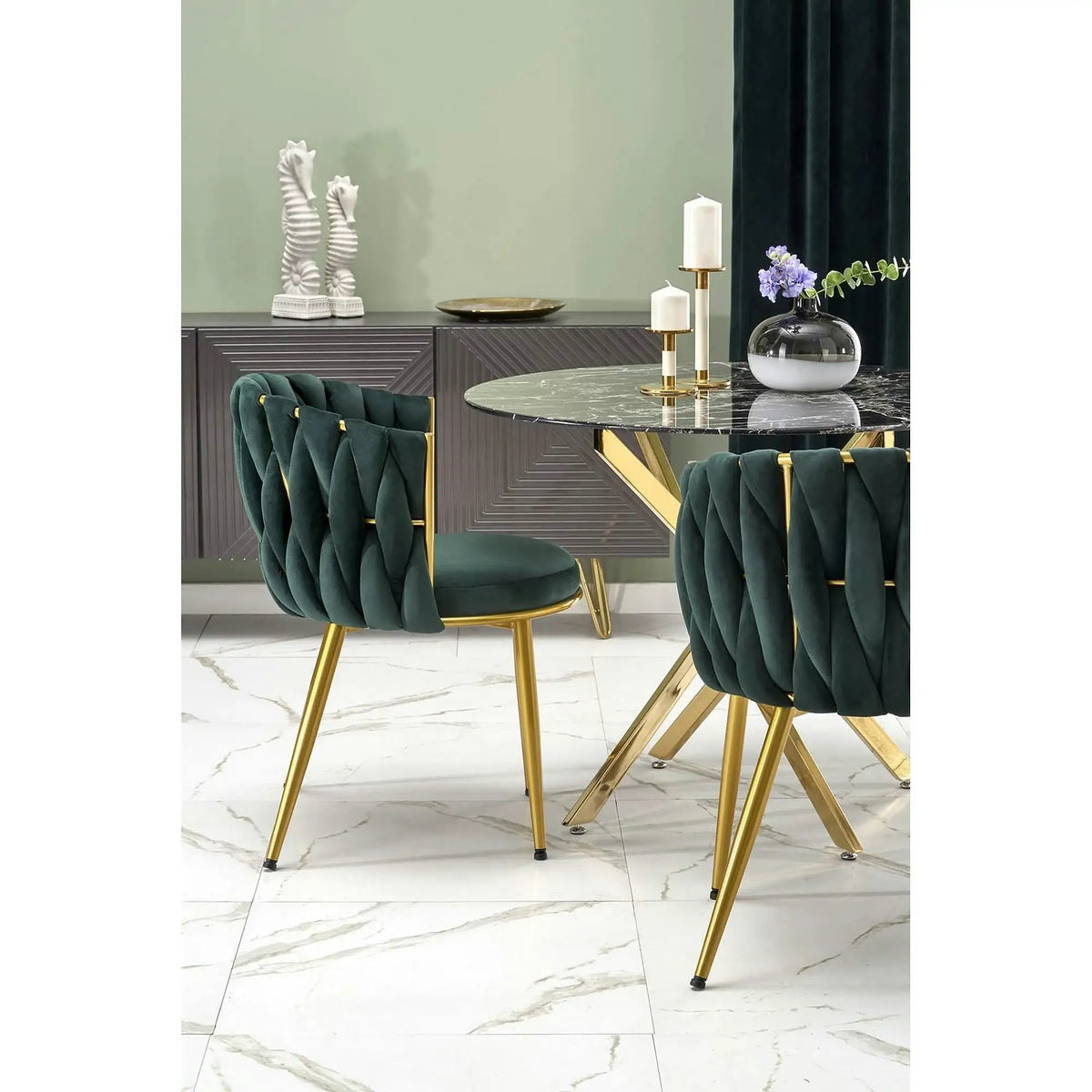 Scaun de dining K517, verde inchis/auriu, stofa catifelata/metal, 57x60x79 cm
