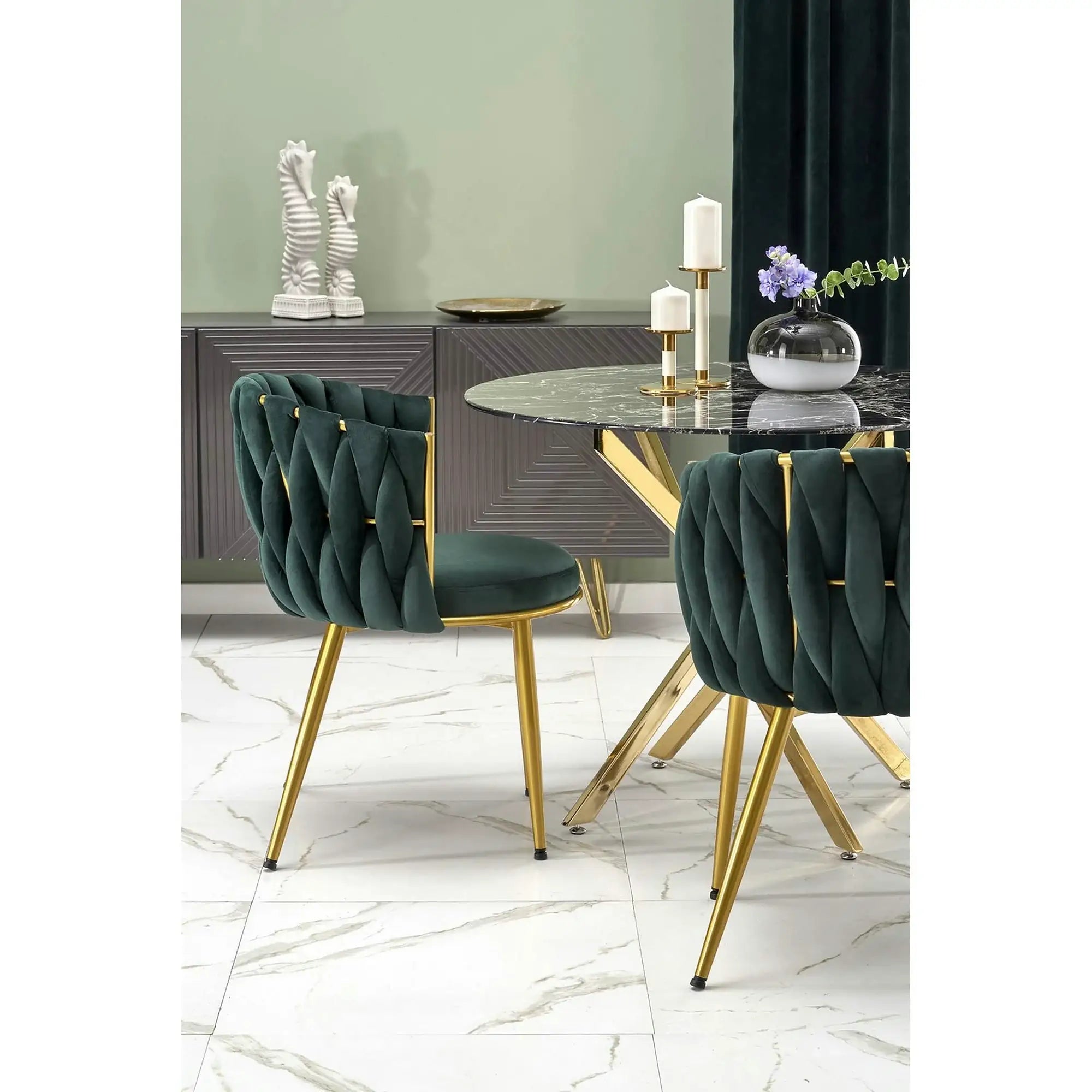 Scaun de dining K517, verde inchis/auriu, stofa catifelata/metal, 57x60x79 cm
