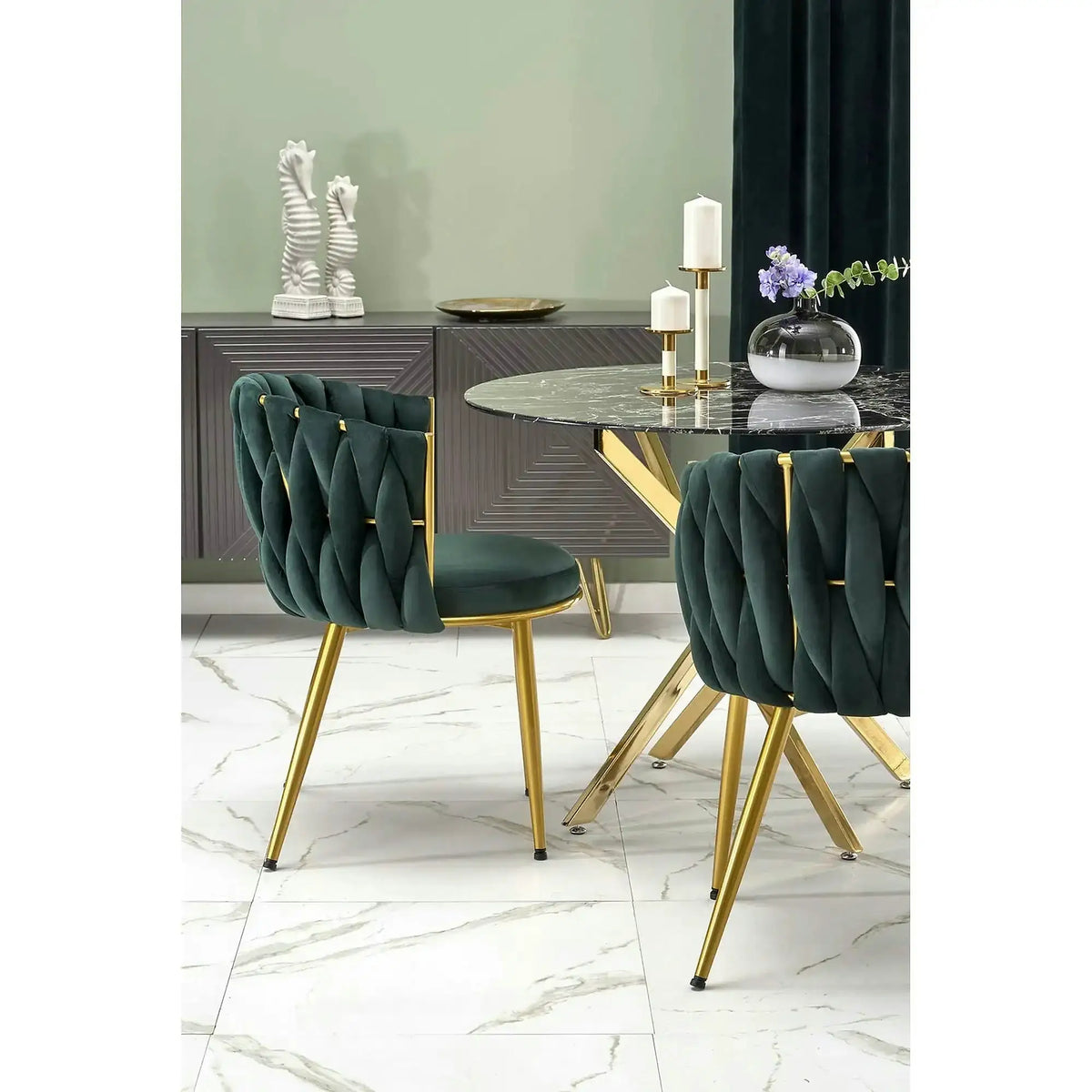 Scaun de dining K517, verde inchis/auriu, stofa catifelata/metal, 57x60x79 cm