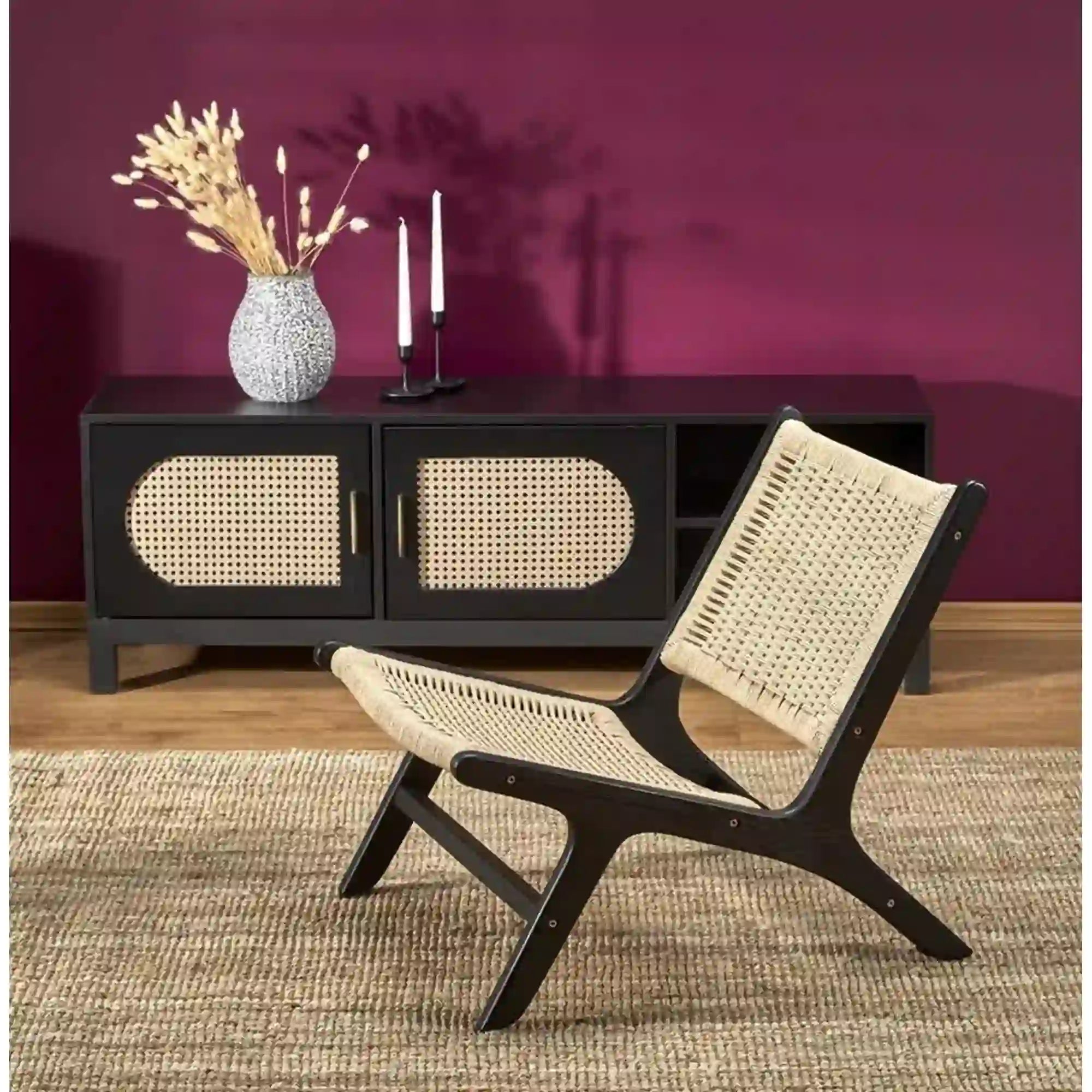 Scaun de gradina FODEN, bej deschis/negru, rattan natural/lemn, 65x74x84 cm
