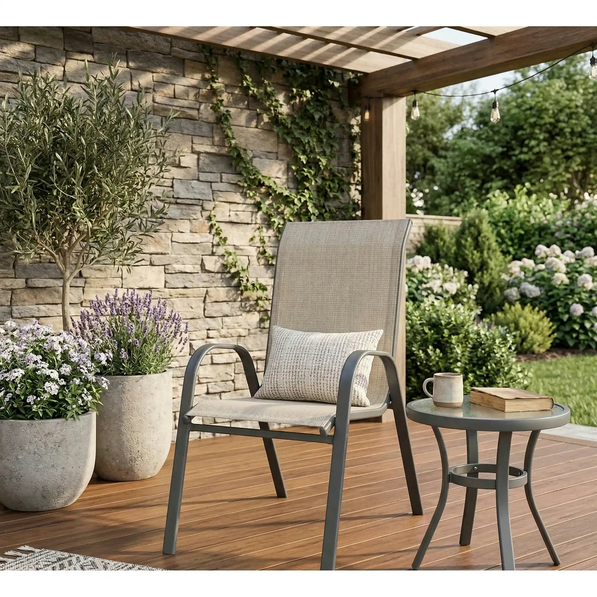 Scaun de gradina MOSLER, gri, plasa/otel, 55x72x95x40 cm