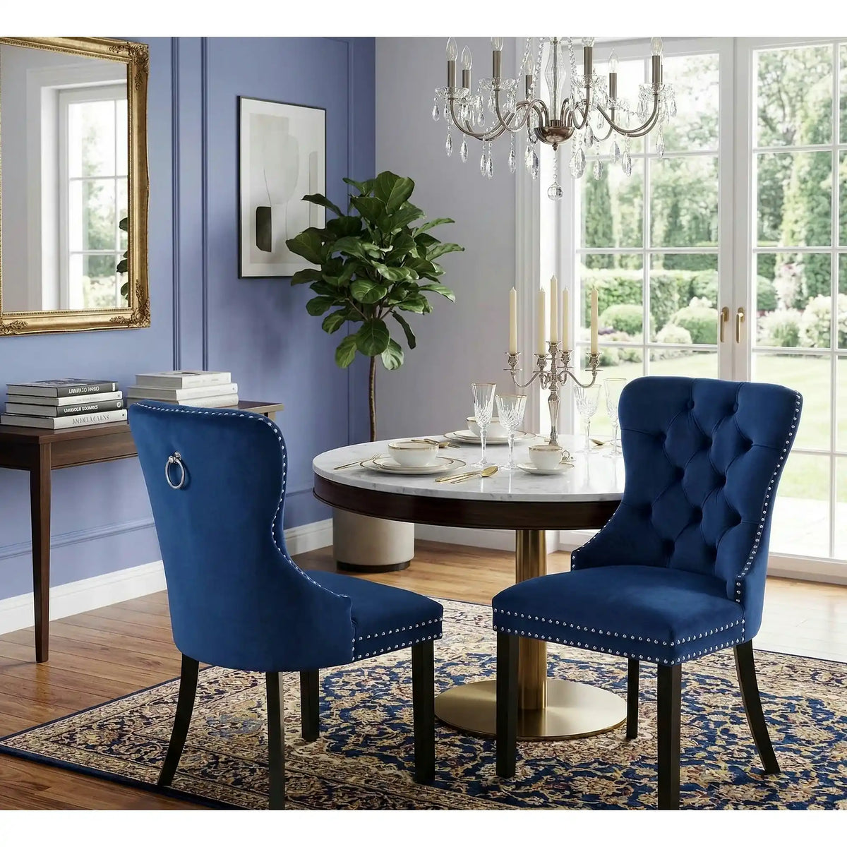 Scaun dining clasic MIYA, albastru/negru, stofa catifelata/lemn, 54x60x100 cm