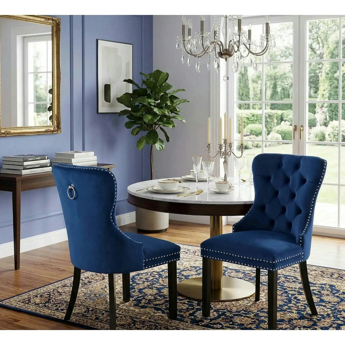 Scaun dining clasic MIYA, albastru/negru, stofa catifelata/lemn, 54x60x100 cm