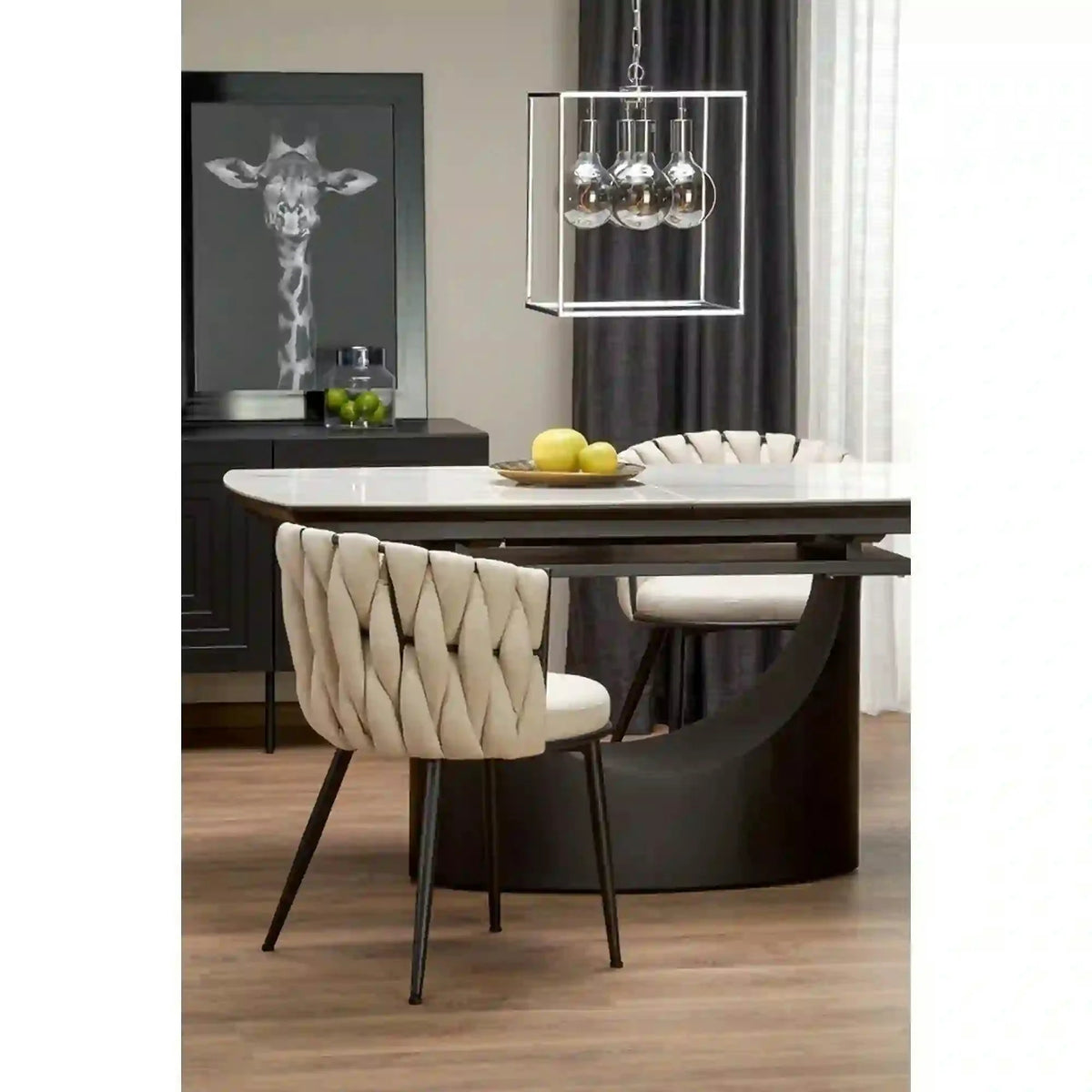 Scaun dining modern K516, bej/negru, stofa clasica/otel, 57x60x79 cm