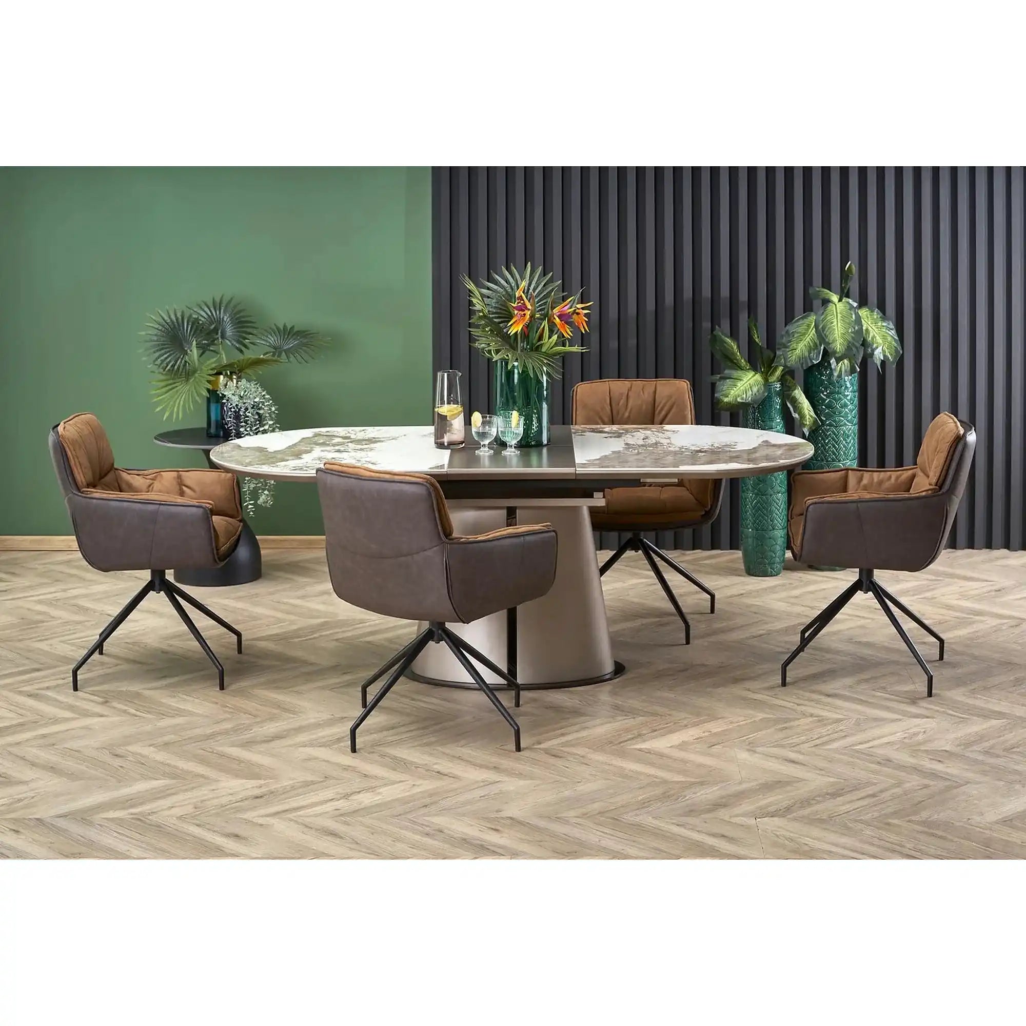 Scaun dining modern K523, maro/negru, stofa/piele ecologica, 61x61x85 cm