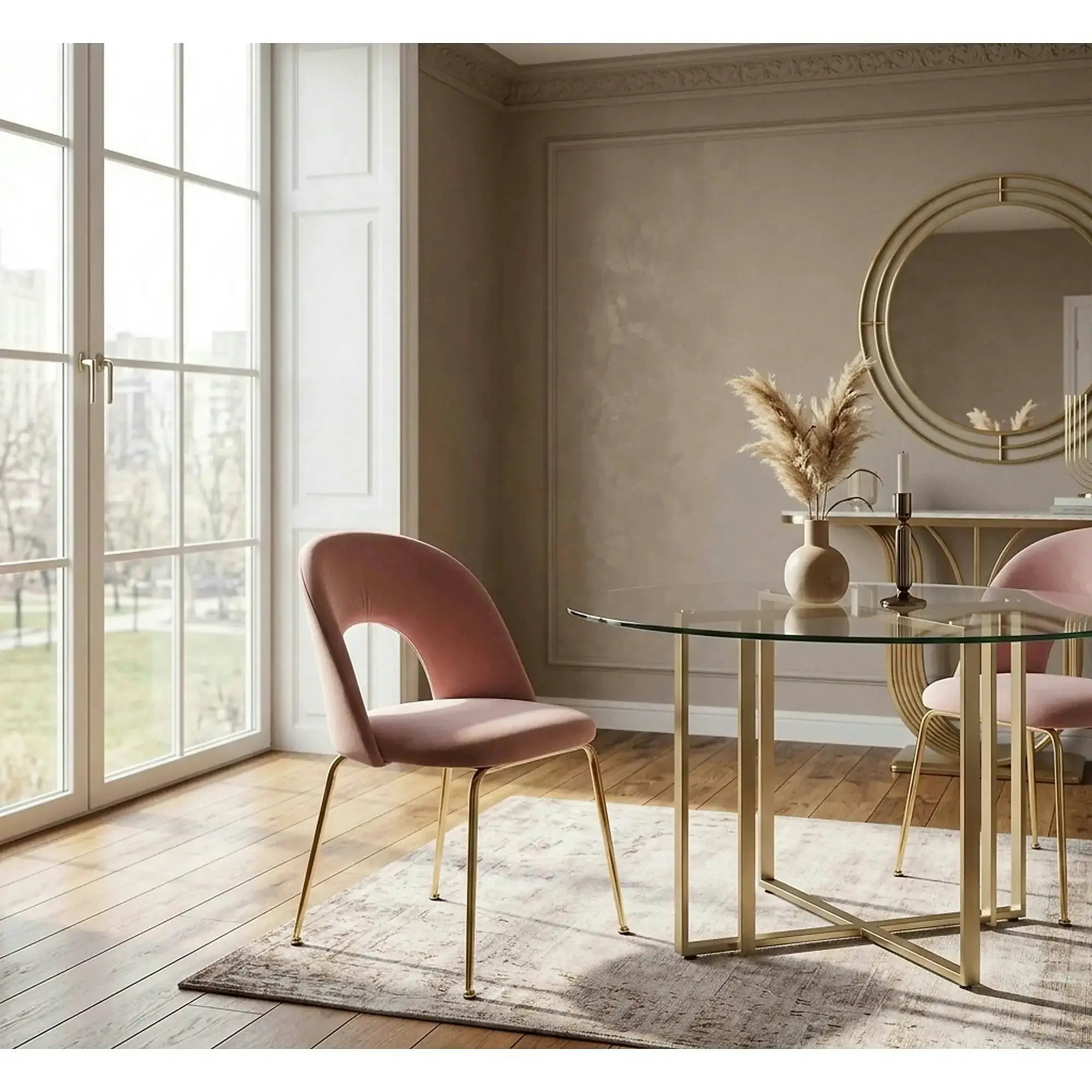 Scaun dining roz K385, roz deschis/auriu, stofa catifelata/metal, 54x59x88 cm