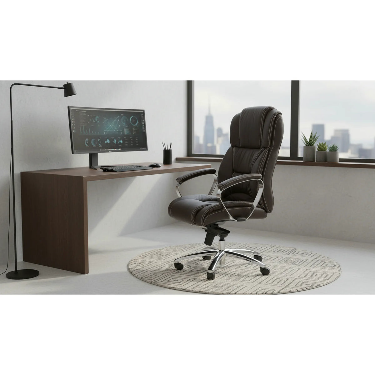 Scaun directorial FOSTER, maro inchis, piele ecologica/metal/PVC, 68x54x118/125 cm