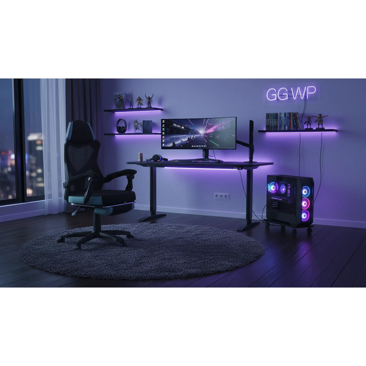 Scaun gaming JORIK NEW, negru/albastru, material textil/plasa, 60x65x108/118 cm
