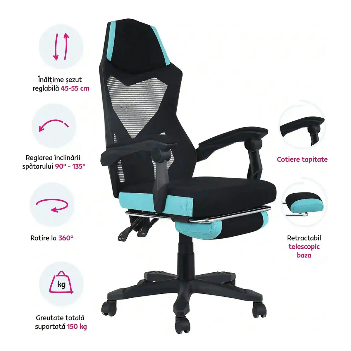 Scaun gaming JORIK NEW, negru/albastru, material textil/plasa, 60x65x108/118 cm