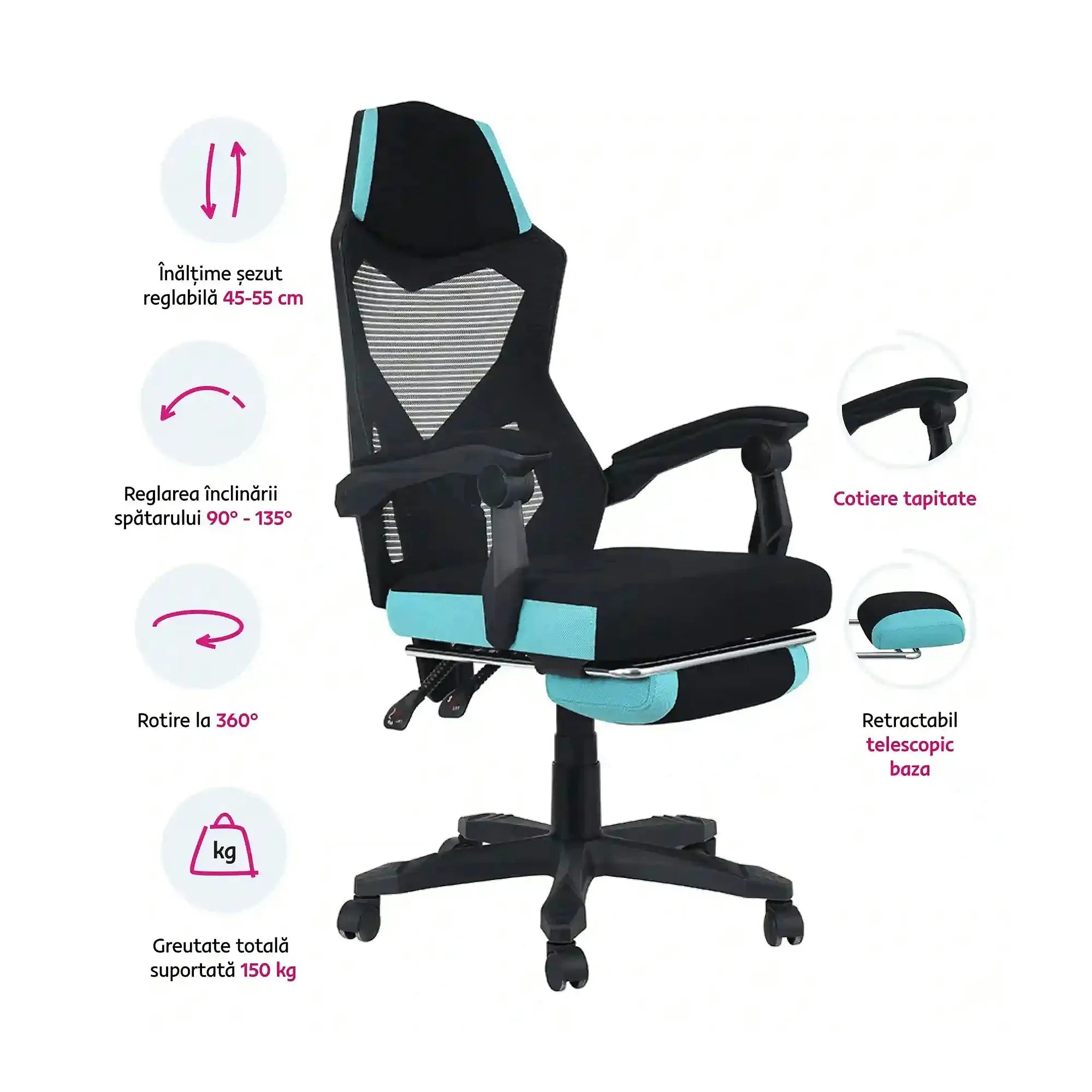 Scaun gaming JORIK NEW, negru/albastru, material textil/plasa, 60x65x108/118 cm