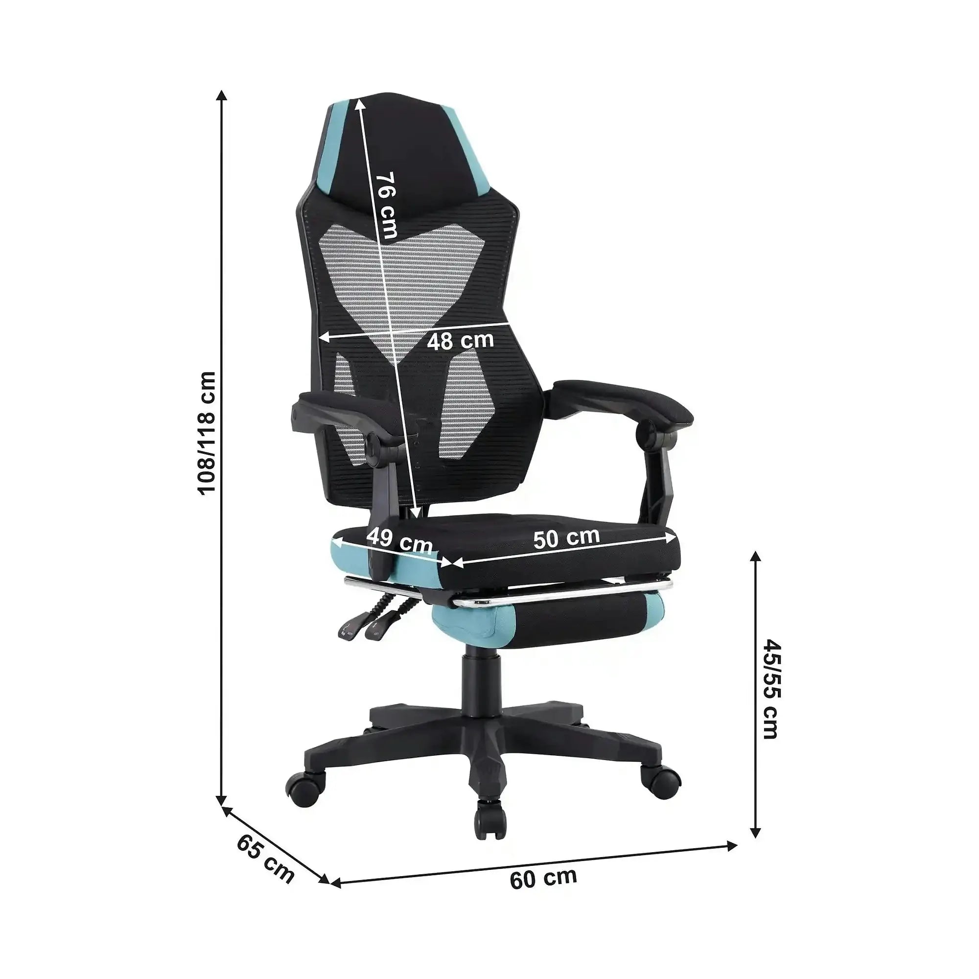 Scaun gaming JORIK NEW, negru/albastru, material textil/plasa, 60x65x108/118 cm