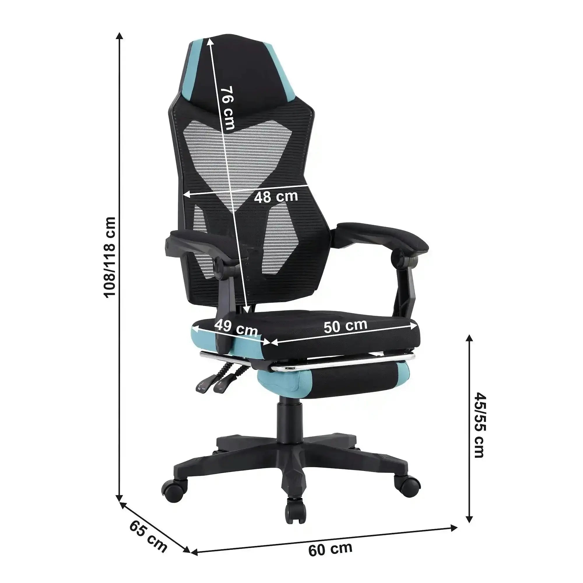 Scaun gaming JORIK NEW, negru/albastru, material textil/plasa, 60x65x108/118 cm