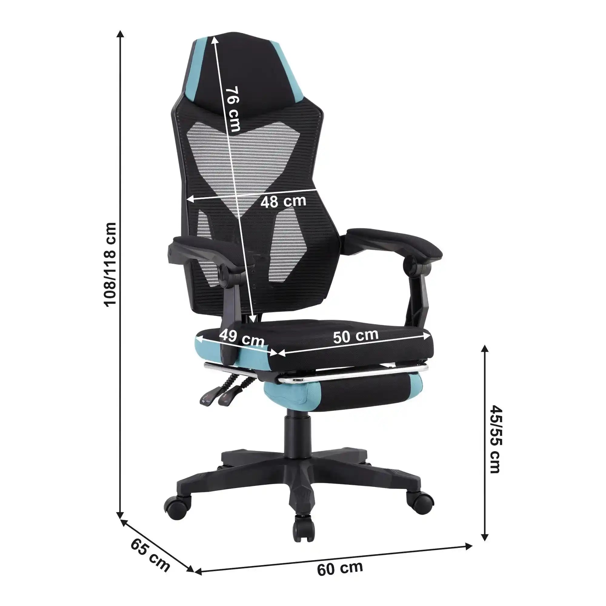 Scaun gaming JORIK NEW, negru/albastru, material textil/plasa, 60x65x108/118 cm