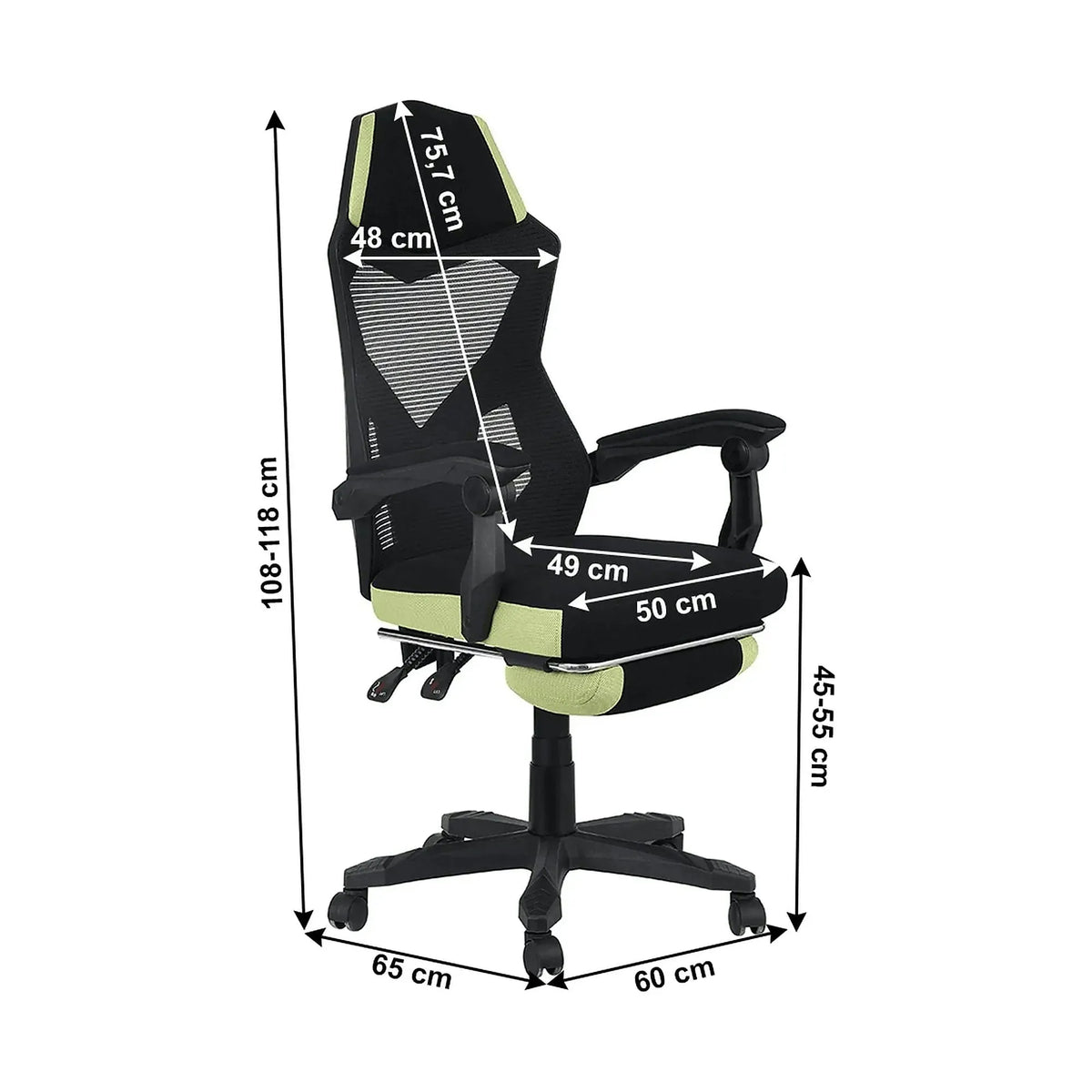 Scaun gaming JORIK NEW, negru/verde, plasa/plastic, 60x65x108/118 cm