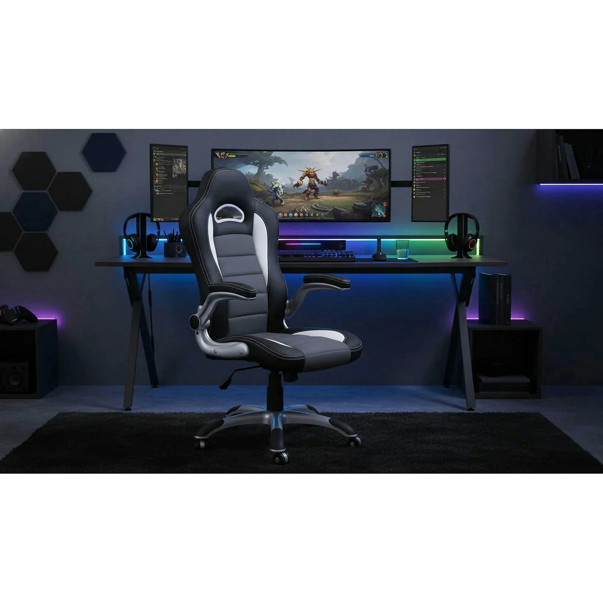 Scaun gaming LOTUS, negru/gri, piele ecologica perforata, 63x65x117/127 cm