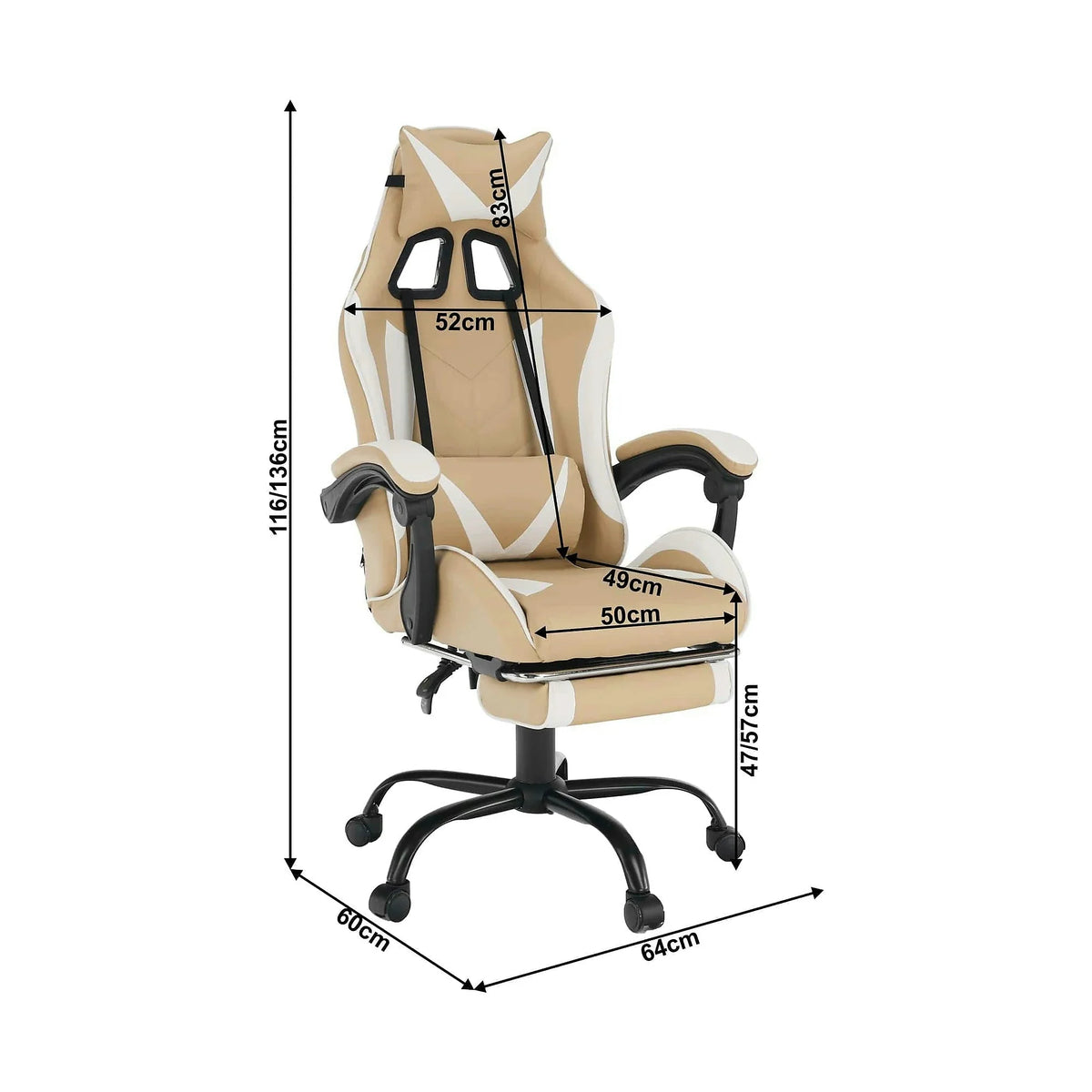 Scaun gaming OZGE 2 NEW, bej/alb, piele ecologica, 64x60x116/136 cm