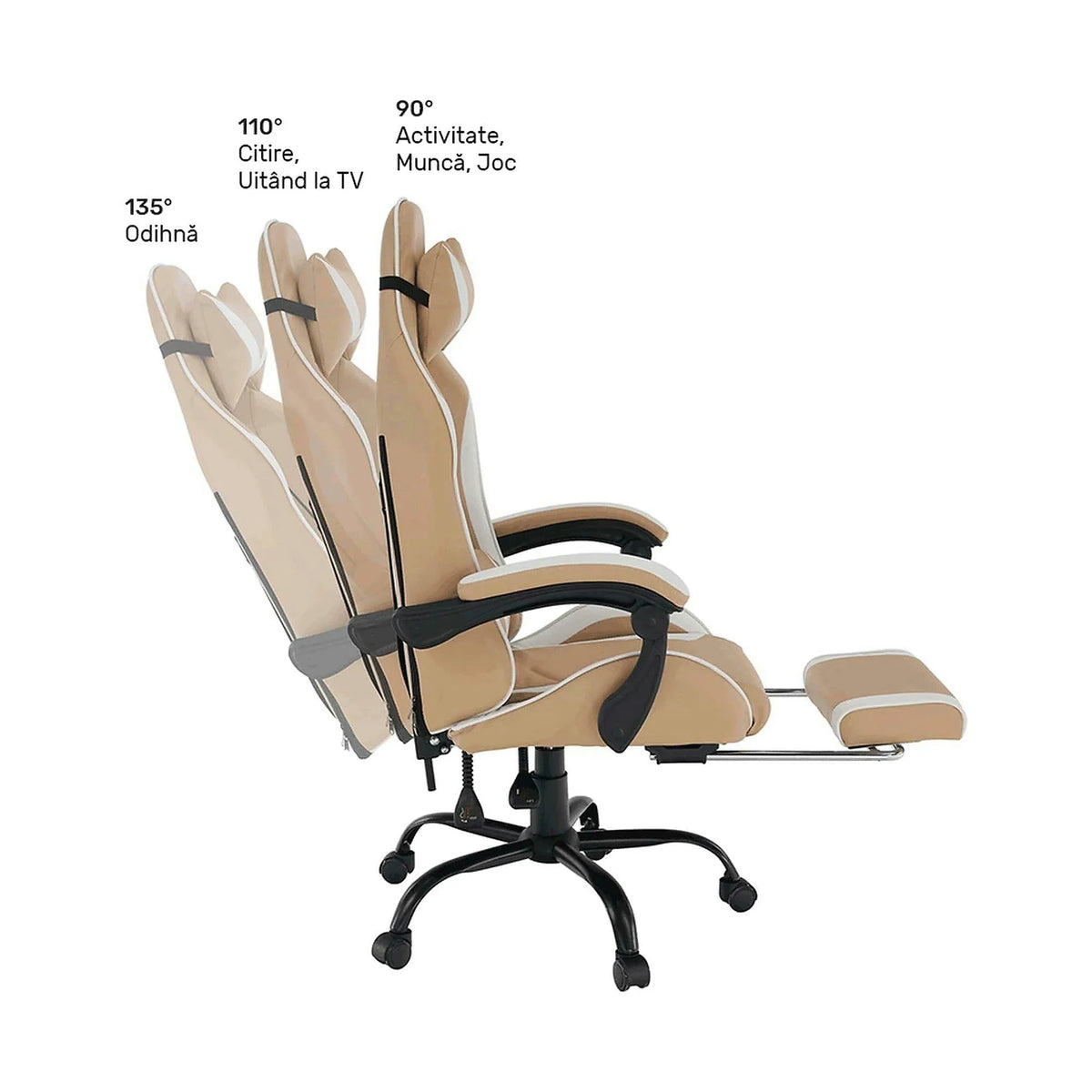 Scaun gaming OZGE 2 NEW, bej/alb, piele ecologica, 64x60x116/136 cm