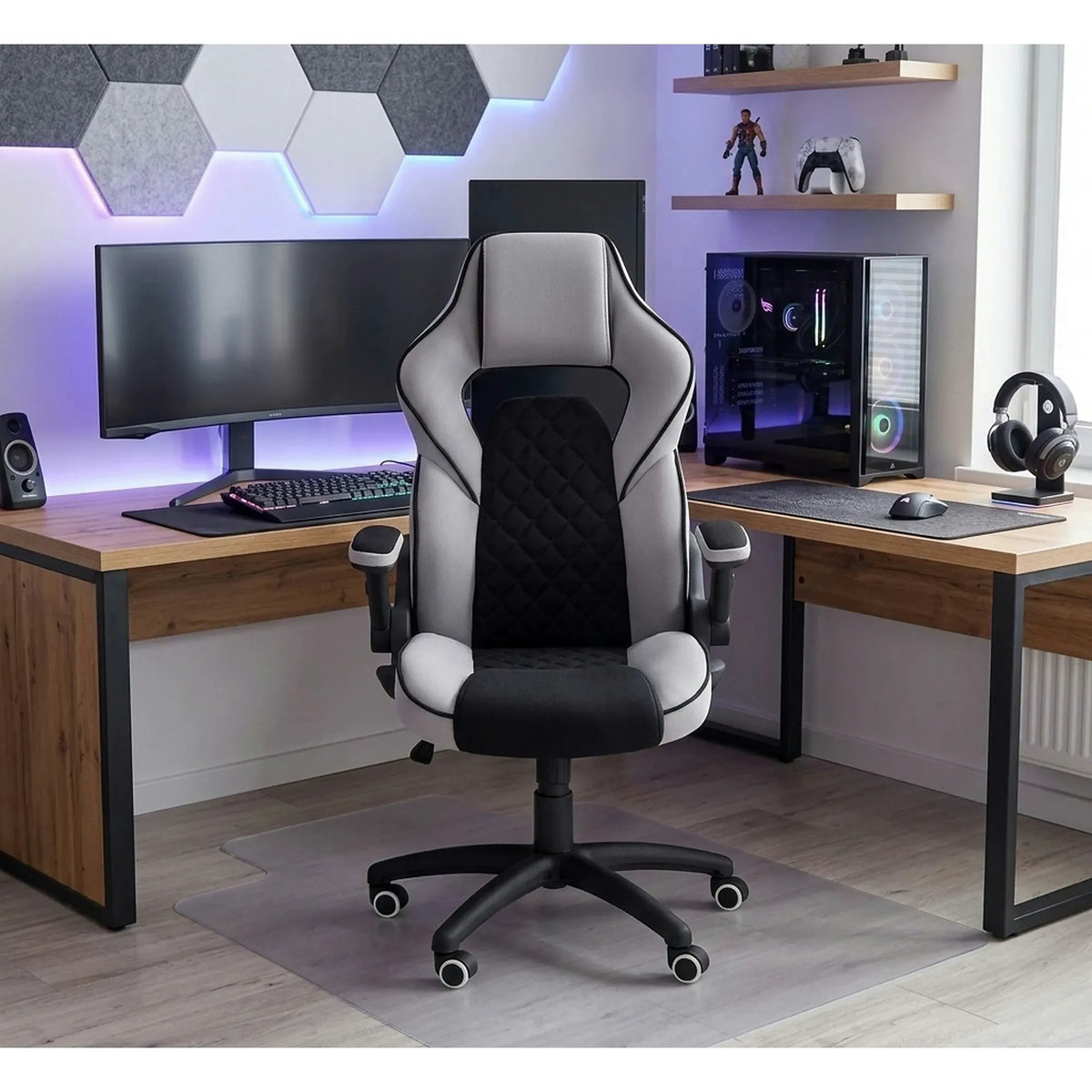 Scaun gaming SONIC, negru/gri, stofa, 69x70x115/124 cm
