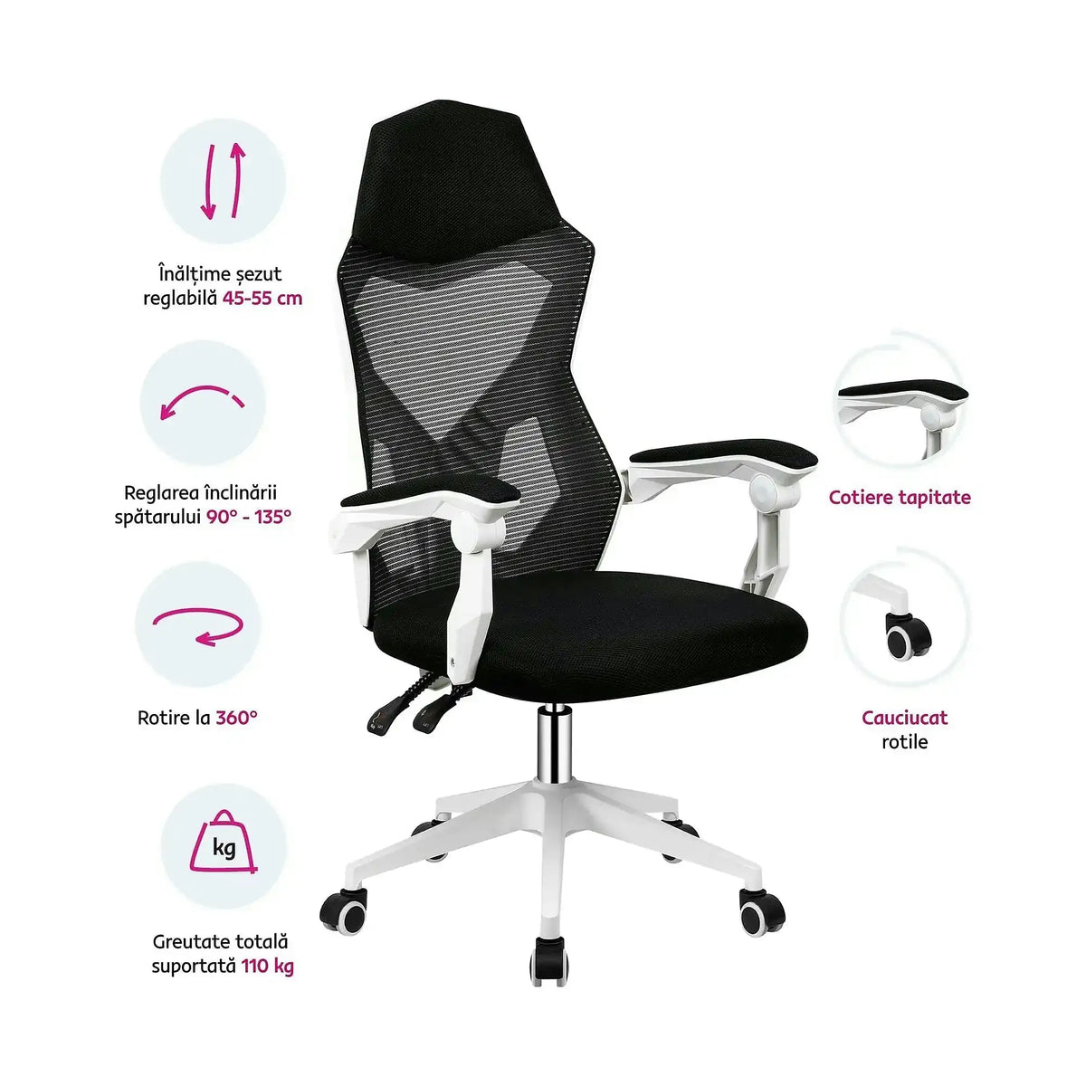 Scaun gaming YOKO, negru/alb, material textil/plastic, 60x65x113/123 cm