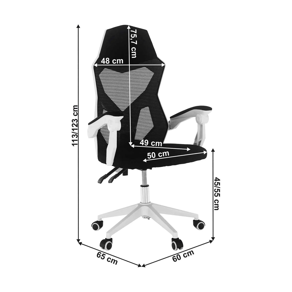 Scaun gaming YOKO, negru/alb, material textil/plastic, 60x65x113/123 cm