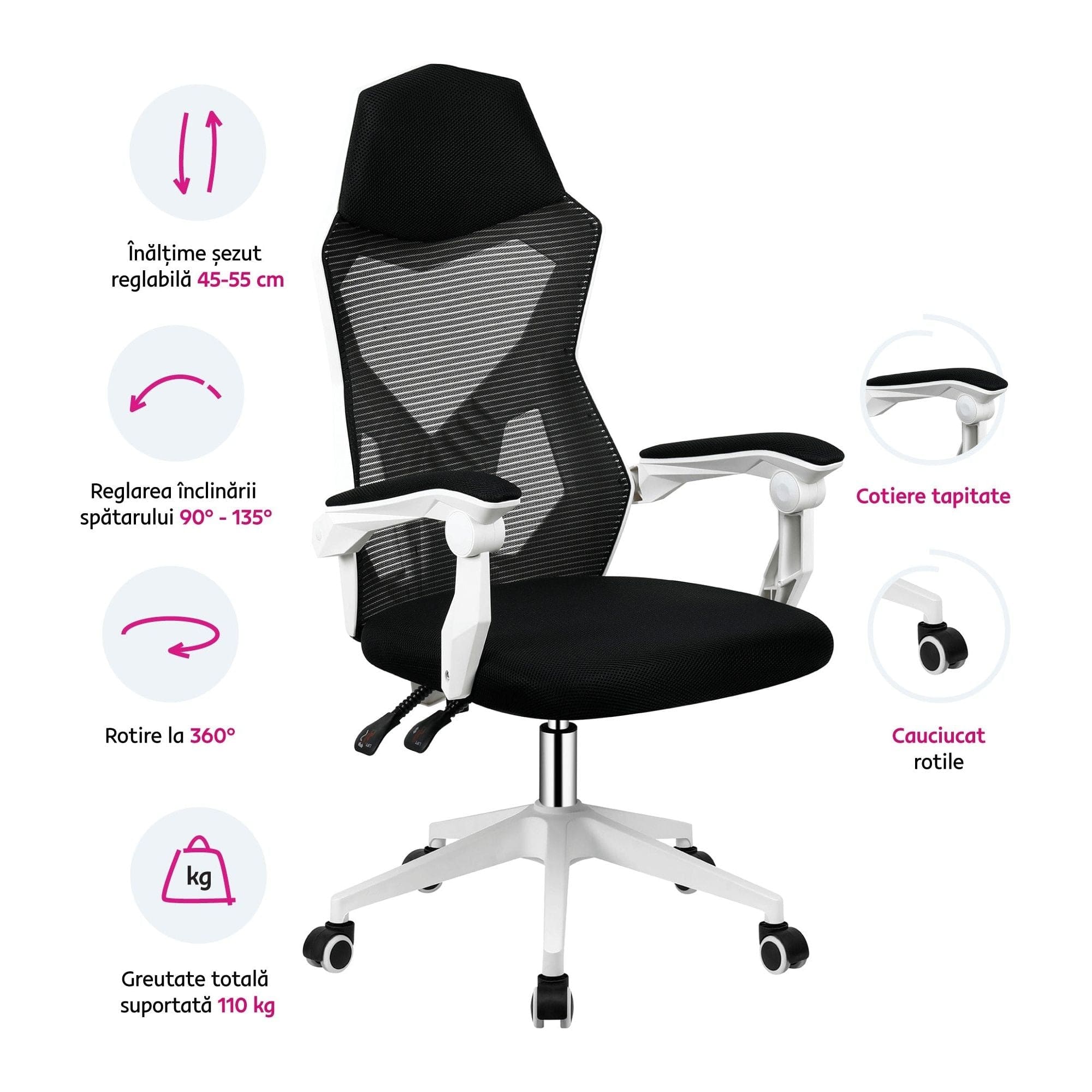 Scaun gaming YOKO, negru/alb, material textil/plastic, 60x65x113/123 cm