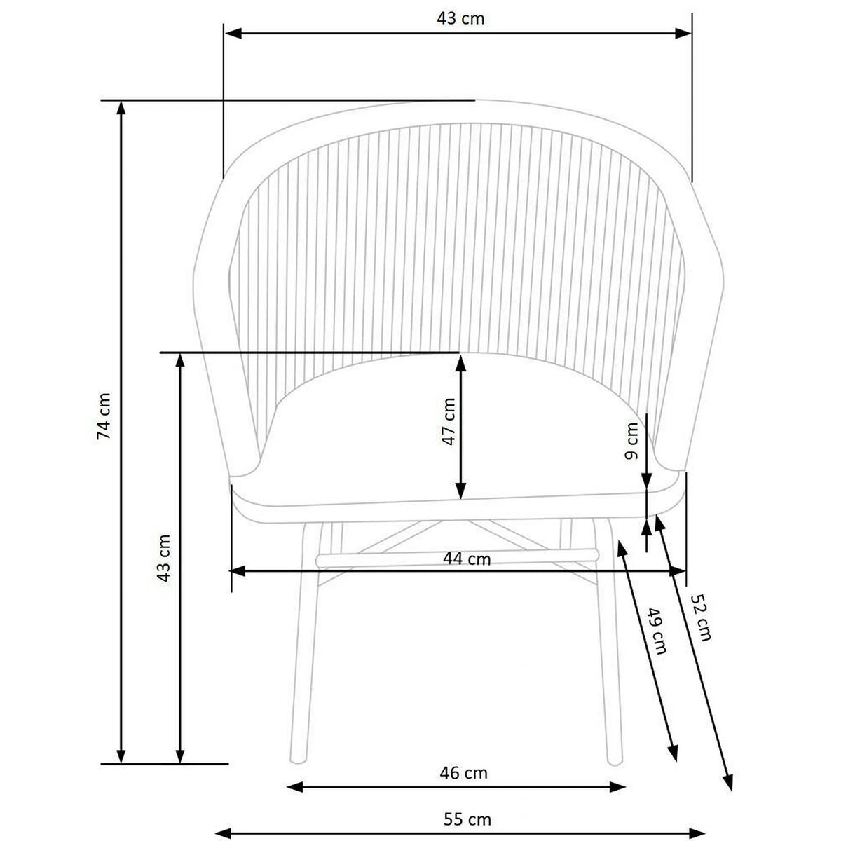 Scaun K400, gri/bej/negru, stofa/rattan sintetic/otel, 55x47x74 cm