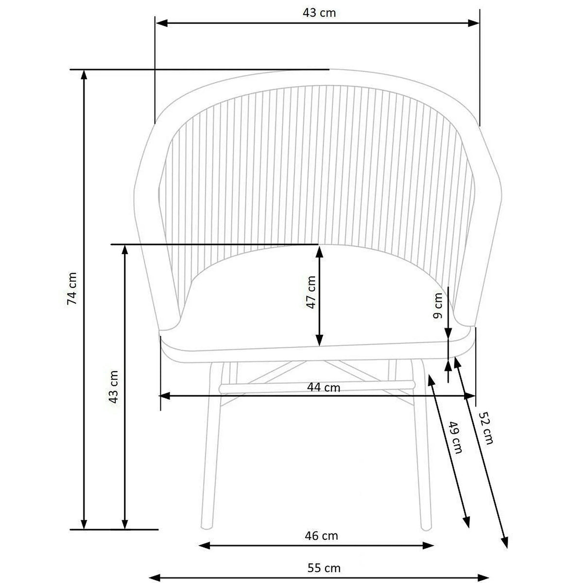 Scaun K400, gri/bej/negru, stofa/rattan sintetic/otel, 55x47x74 cm