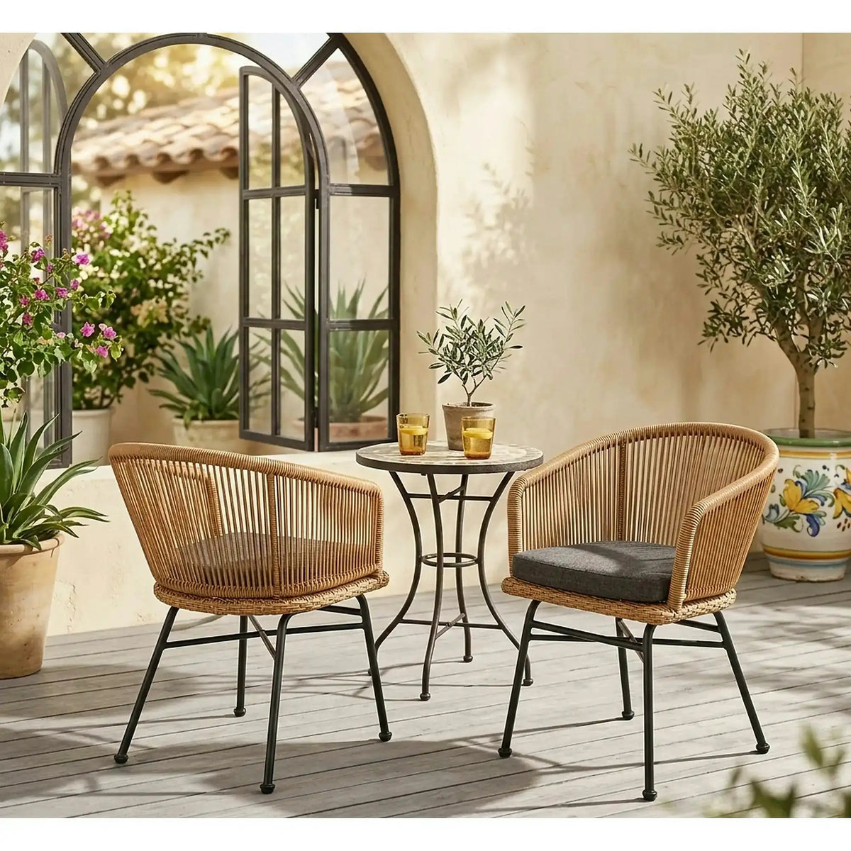 Scaun K400, gri/bej/negru, stofa/rattan sintetic/otel, 55x47x74 cm