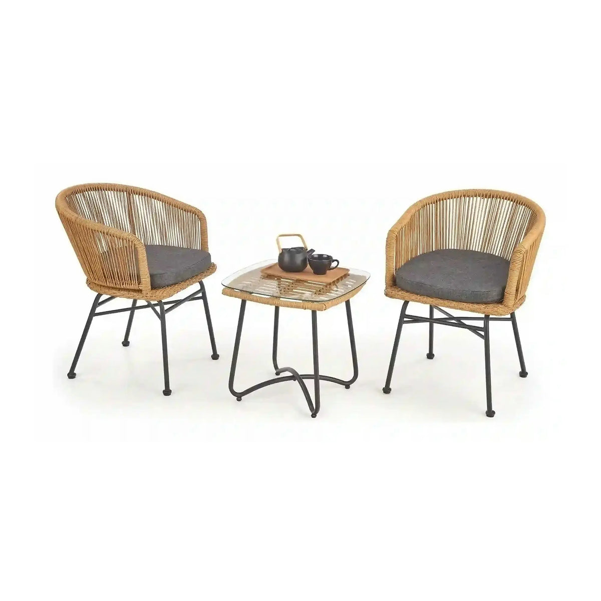 Scaun K400, gri/bej/negru, stofa/rattan sintetic/otel, 55x47x74 cm